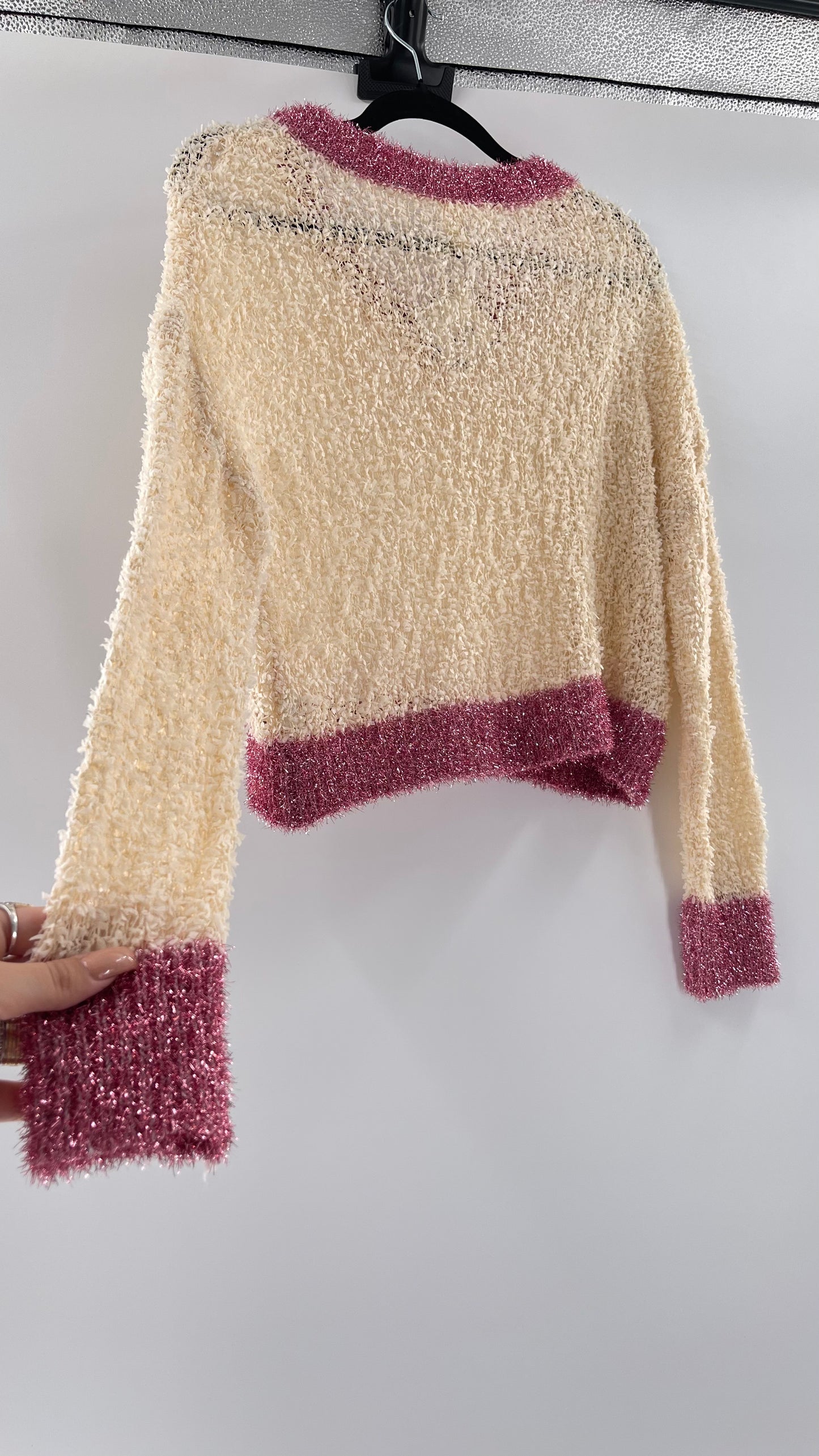 Anthropologie RAGA Cream and Fuchsia Tinsel Varsity Sweater (Large)