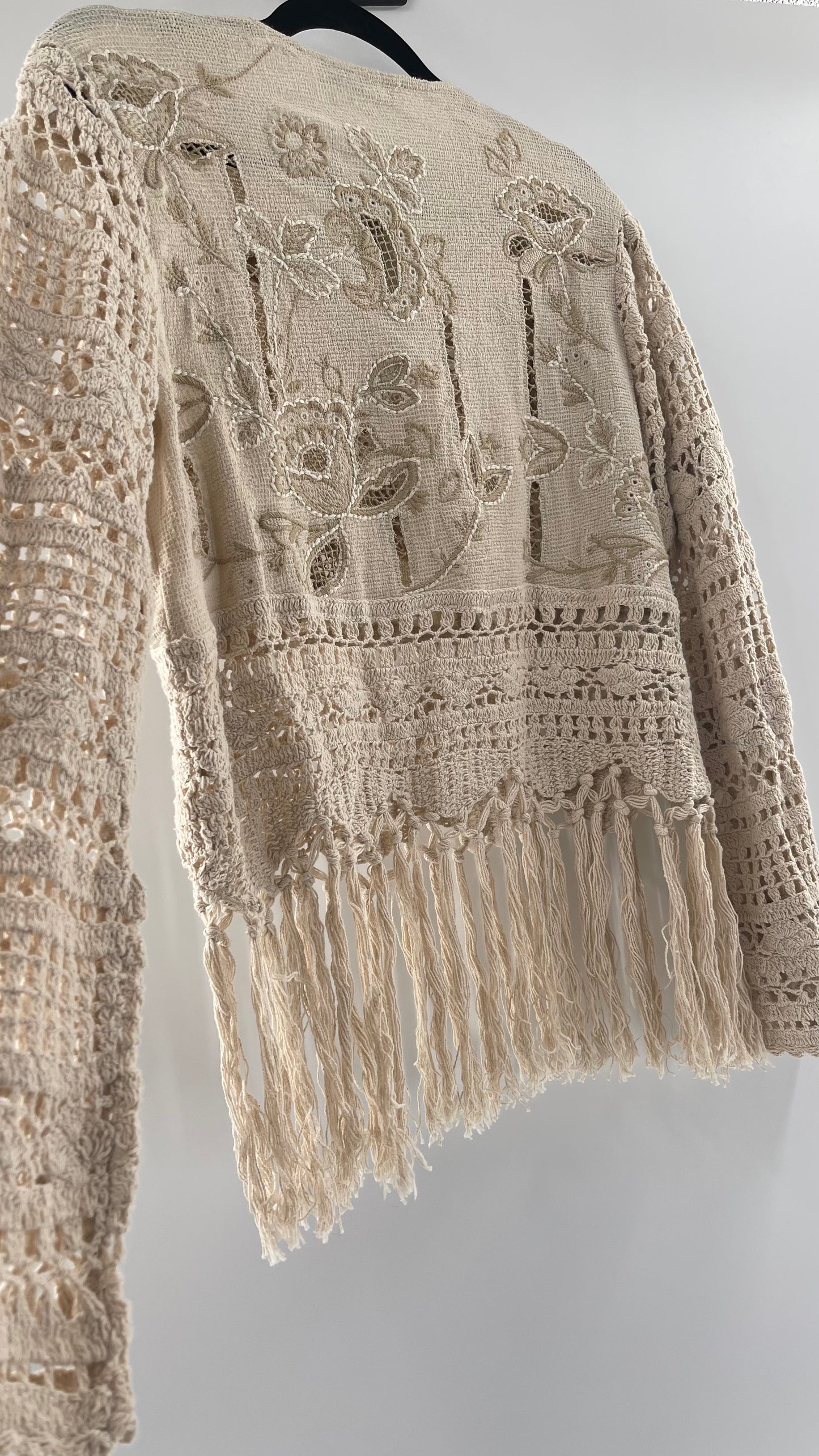 Zara Beige Gauze, Crochet, Embroidered Tunic Blouse (Large)