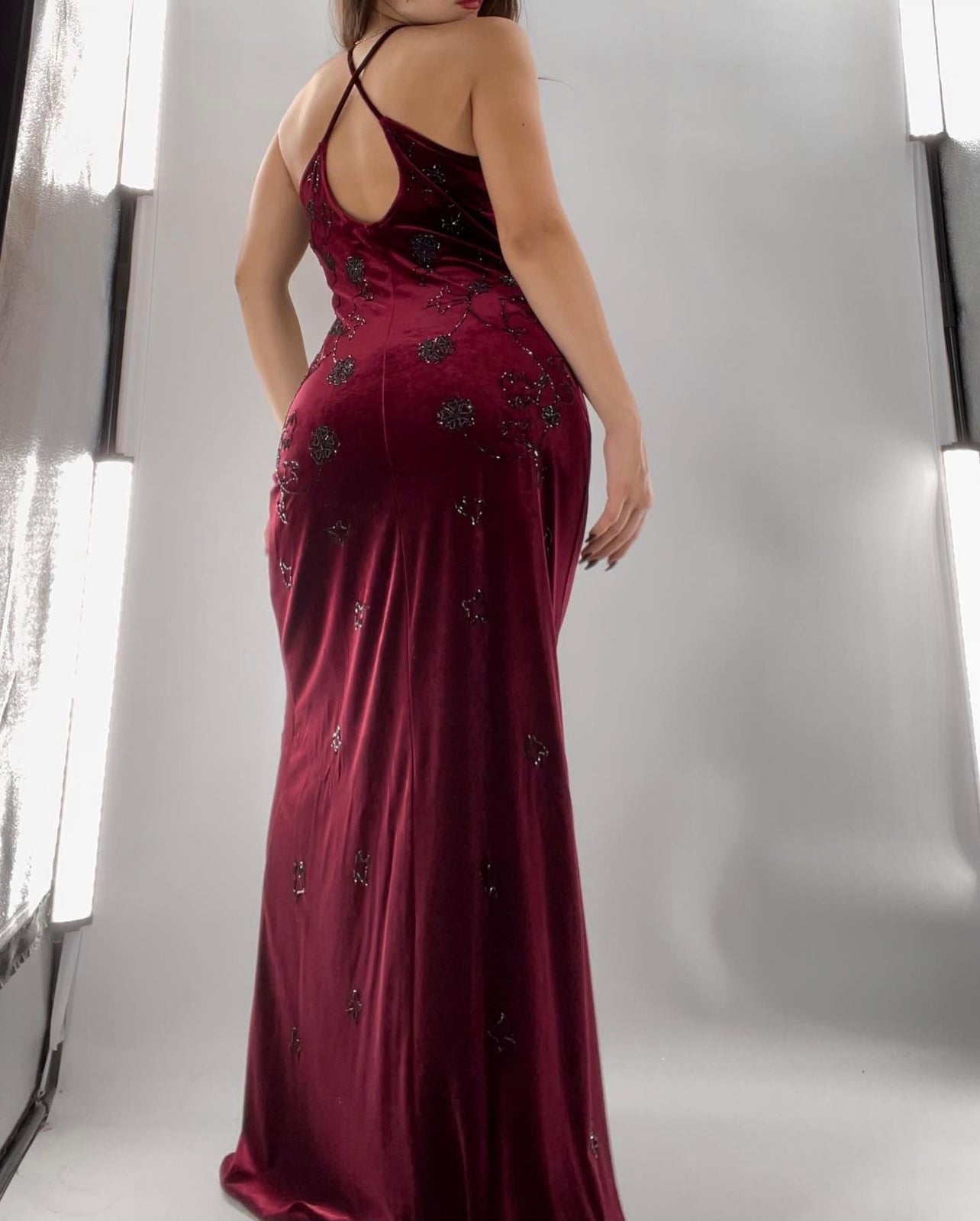 Red Velvet Vampirella Gown with Black Beading (8)