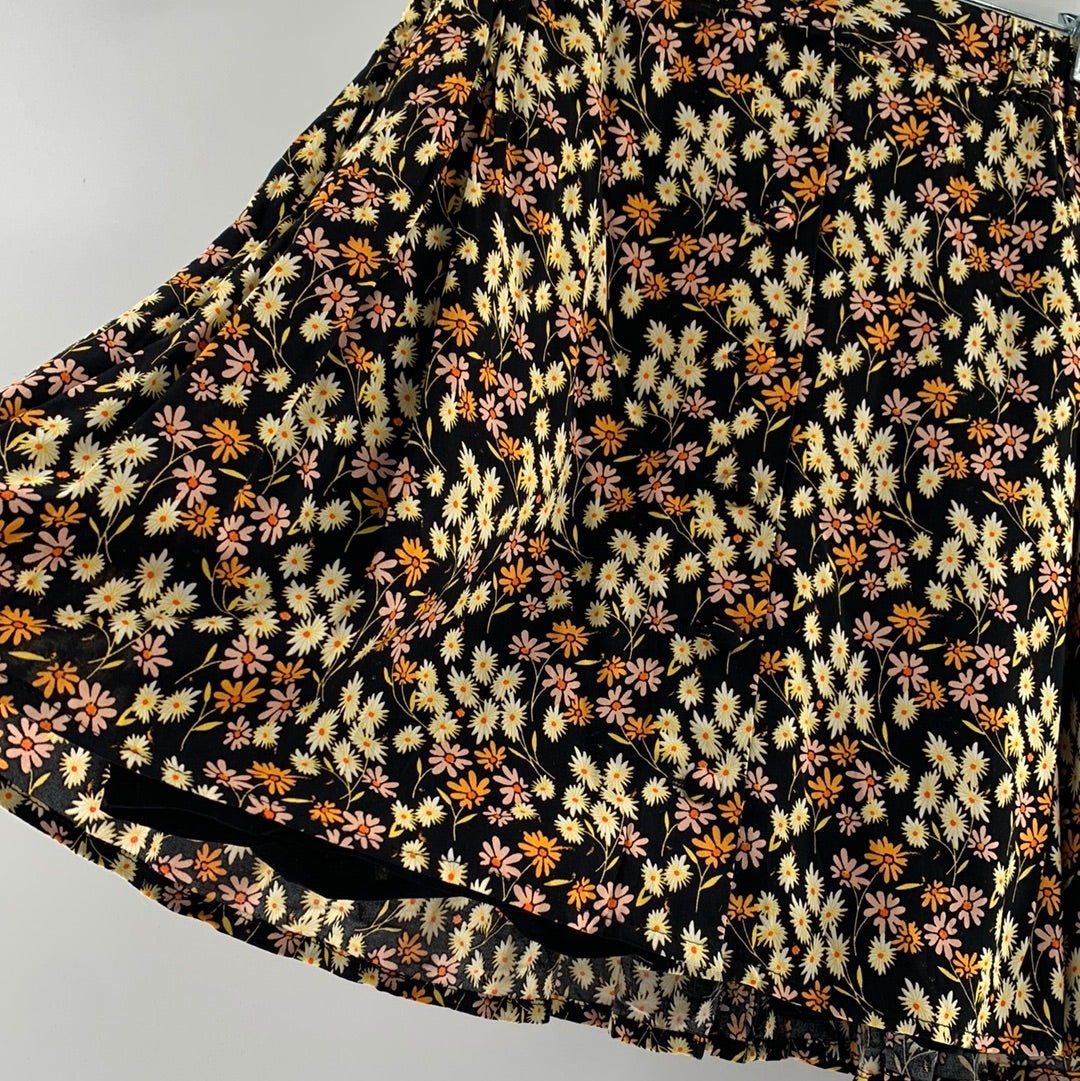 Urban Outfitters Black With Yellow Pink and Orange Flowers , Small Buttons Details on Front of Mini Skirt ( Size XS)