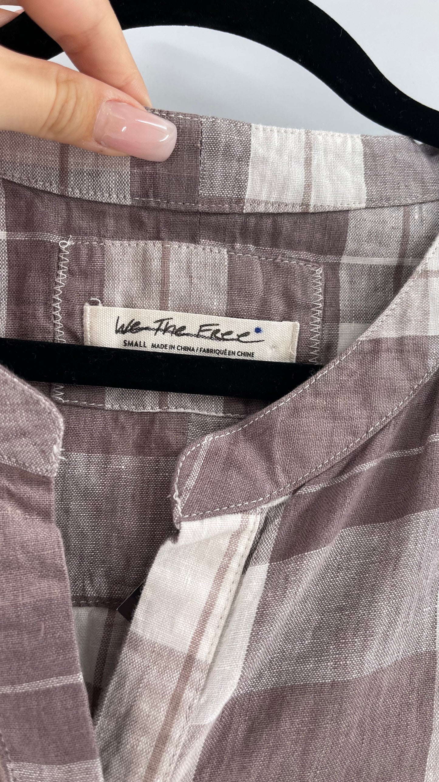 Free People 100% Linen Plaid Grey Short Sleeve (Small)
