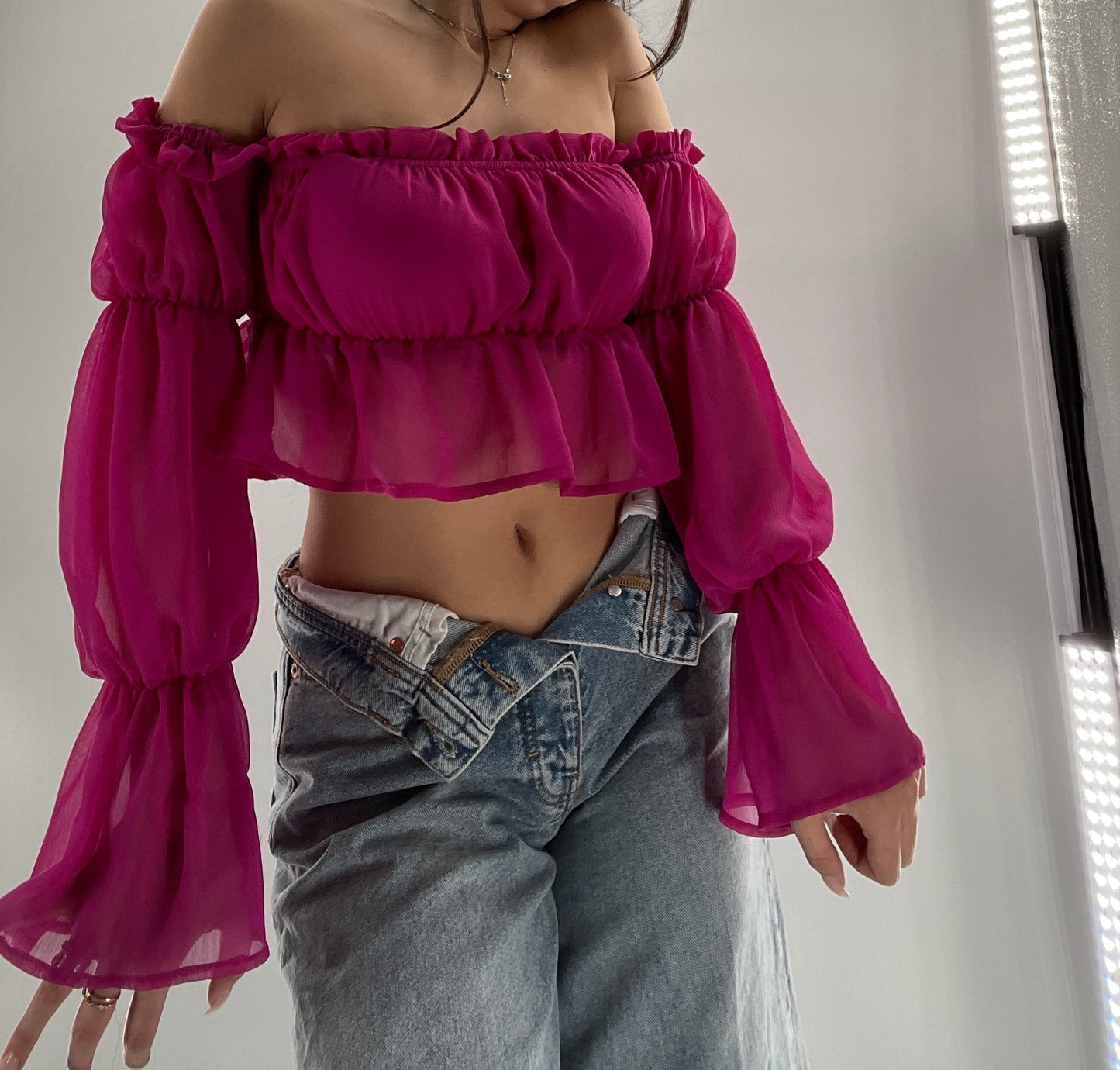 Fashion Nova Fuchsia Sheer Long Sleeve Crop (Small)