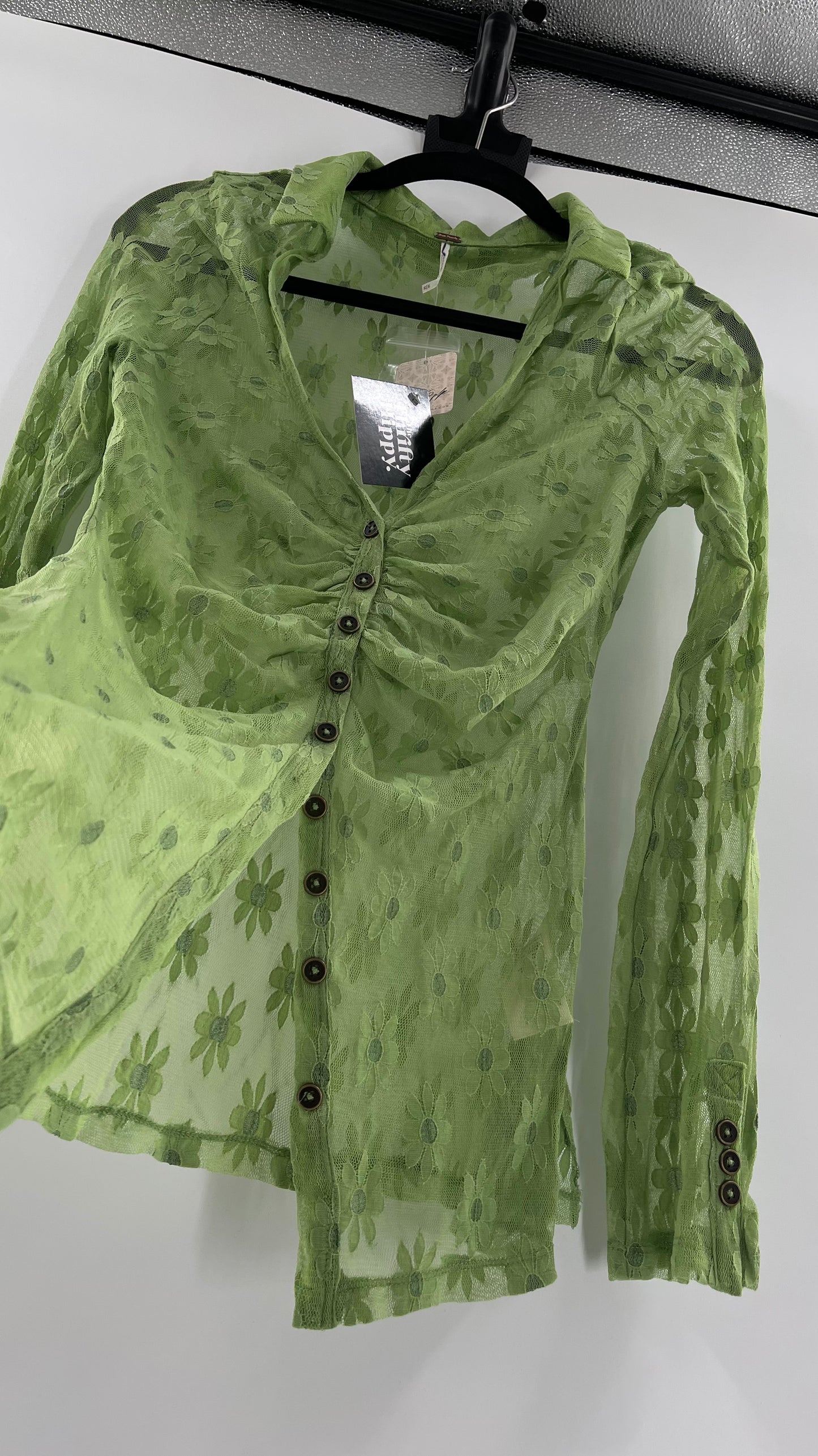 Free People Flower Fields Green Lace Collared Button Up (Small)