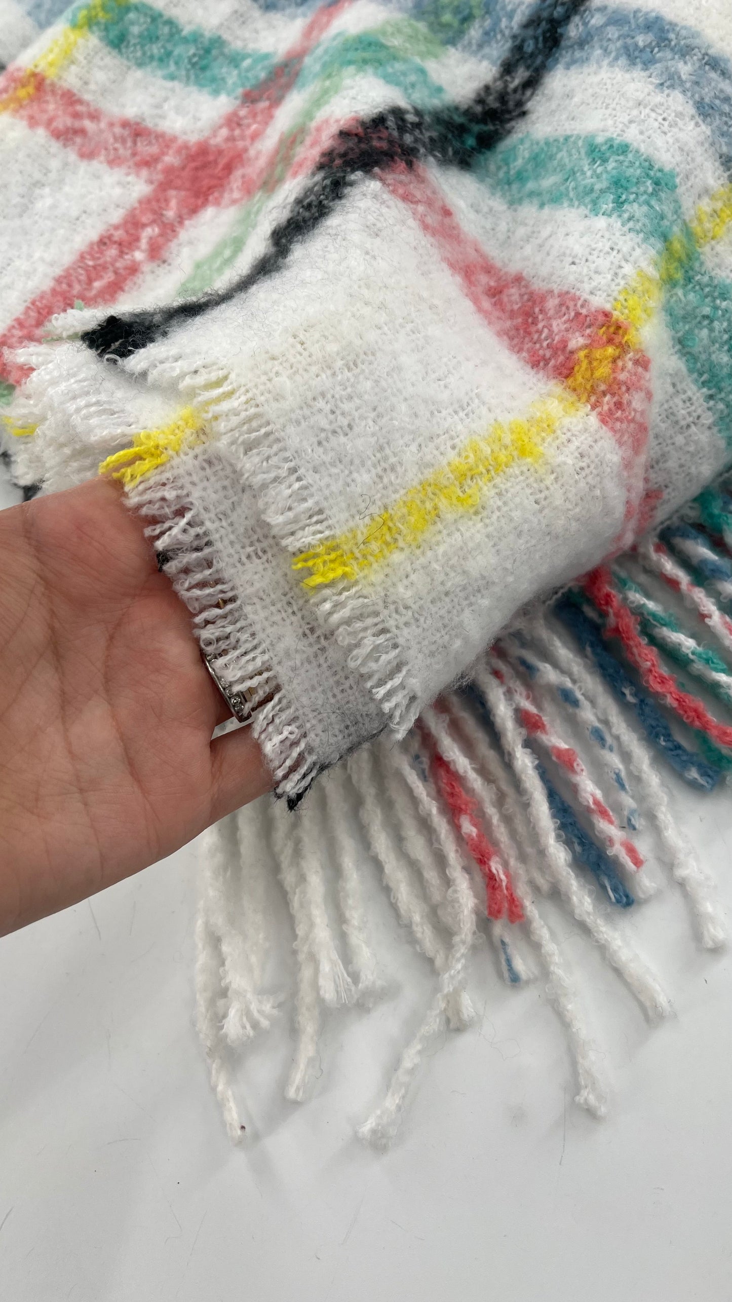 Aerie White Scarf with Colorful Flannel Pattern + Fringe