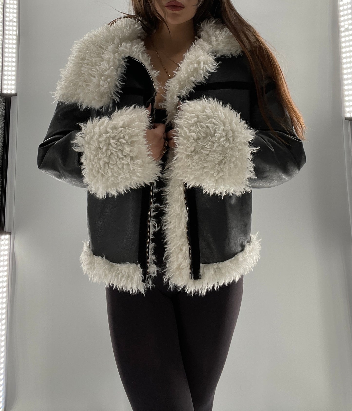 LIONESS Phoenix Jacket Black Faux Leather White Fur Trim (XS)