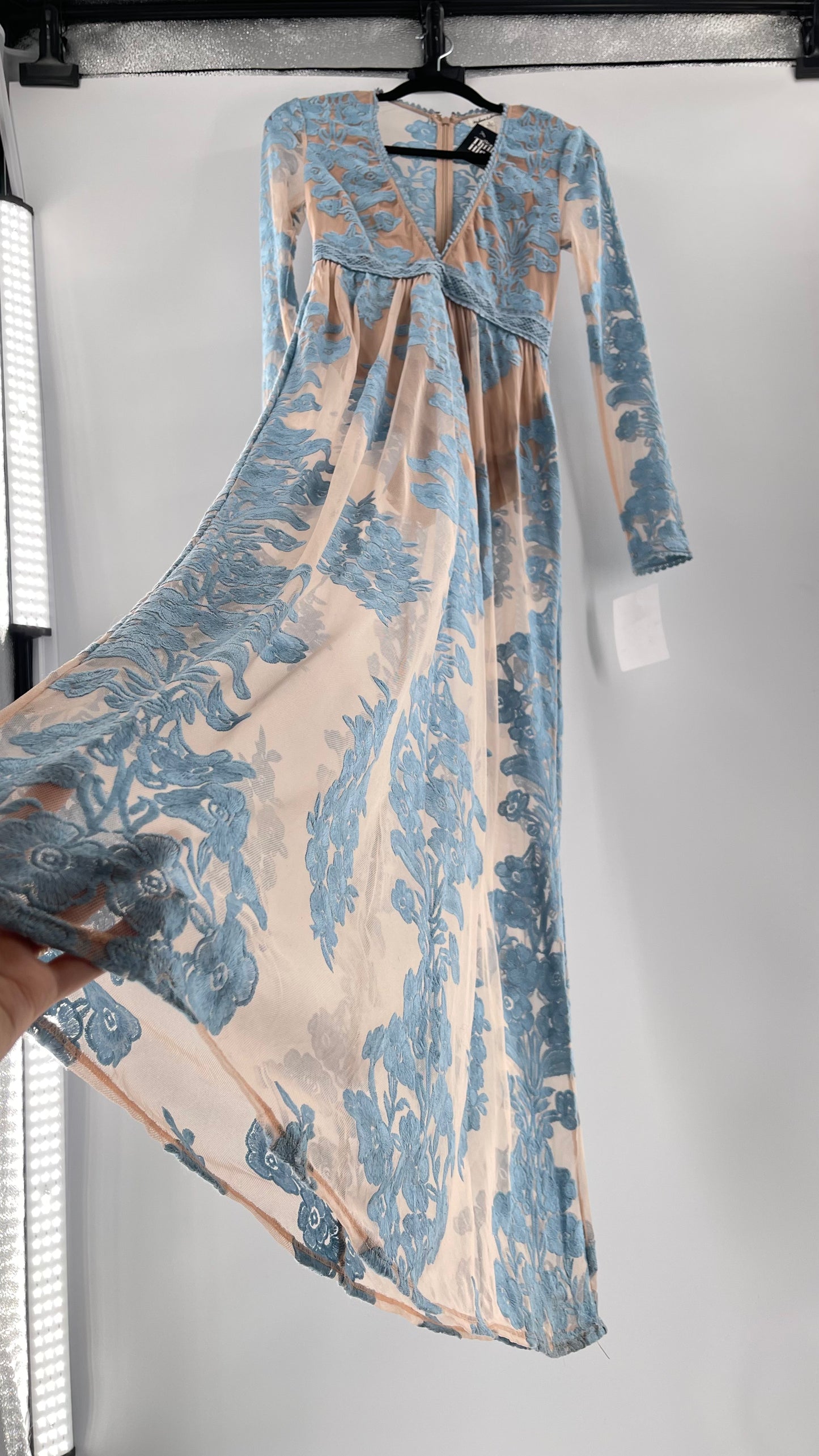 For Love and Lemons Powder Blue Embroidered Temecula Maxi Dress
