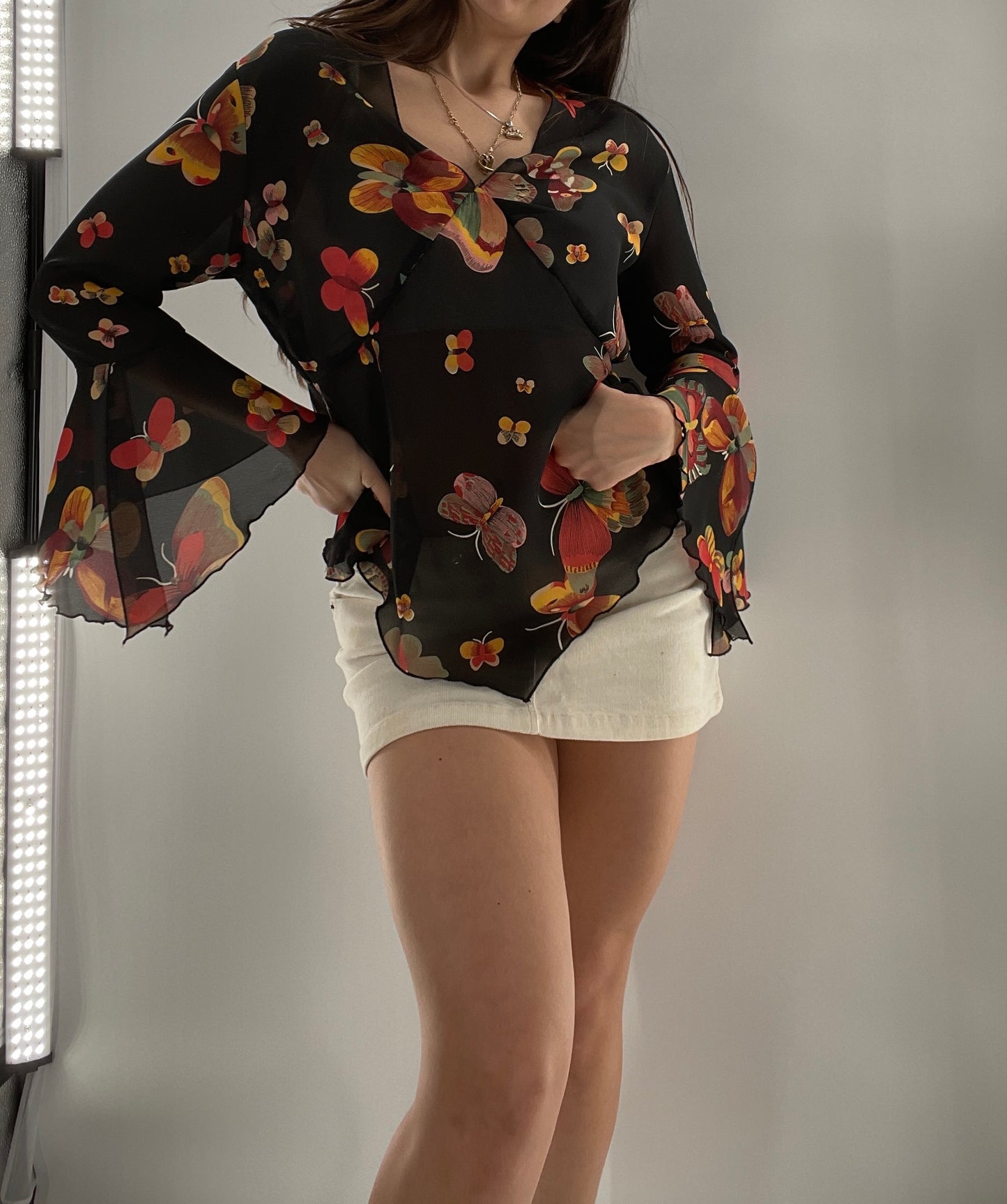 Vintage Butterfly Printed Sheer Bell Sleeve (S)