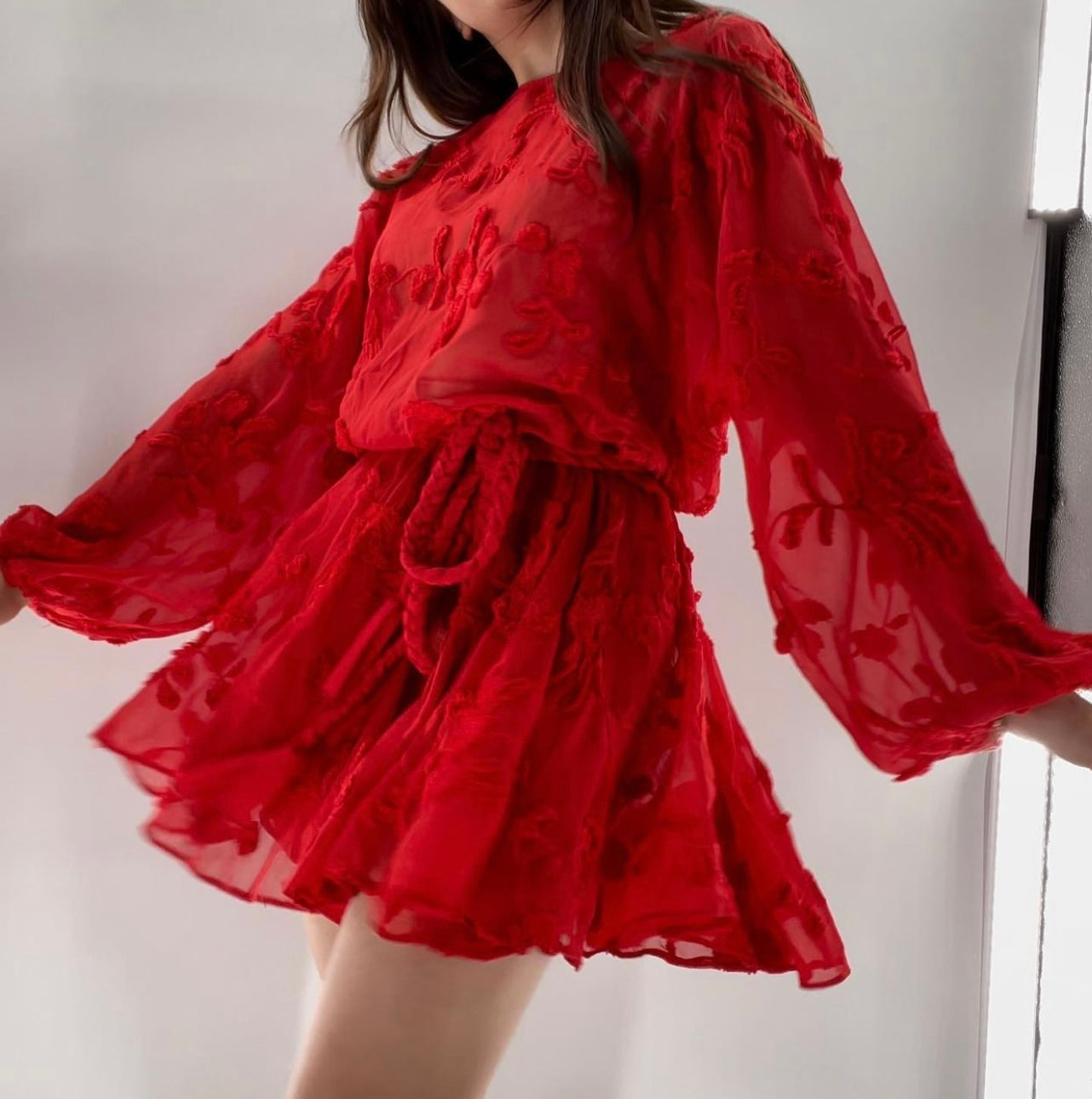 Mare Mare - Red Mesh Embroidered Flower Mini Dress
