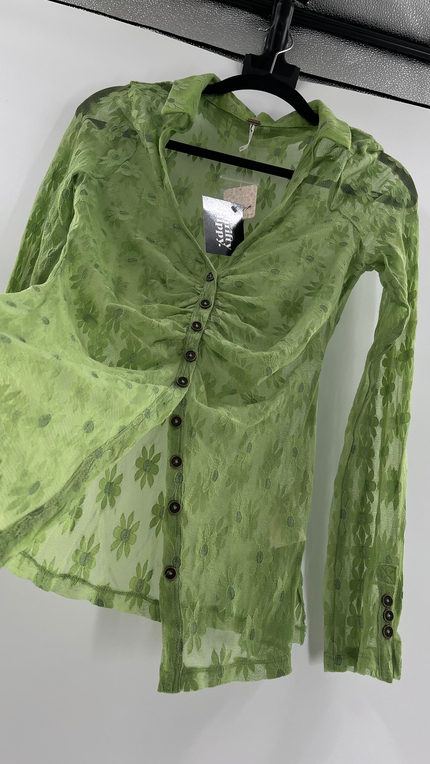 Free People Flower Fields Green Lace Collared Button Up (Small)