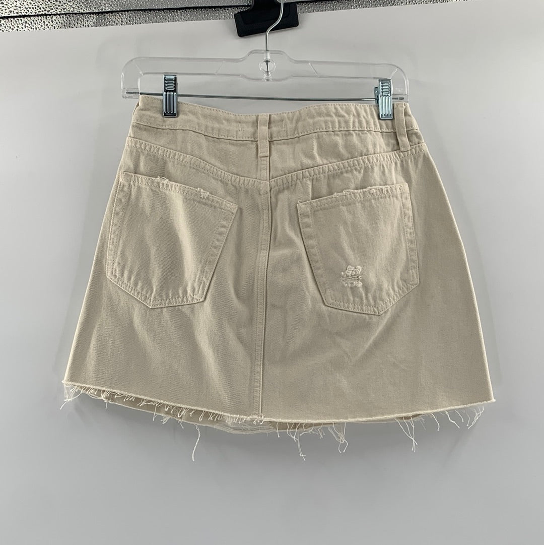 Free People Mini Denim - Off-White Ripped Button Up Mini Skirt (Size 28)