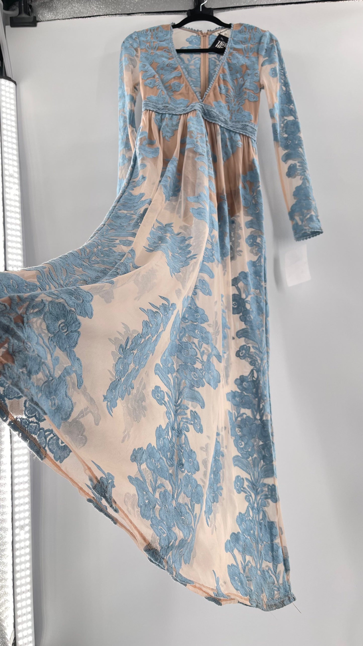 For Love and Lemons Powder Blue Embroidered Temecula Maxi Dress