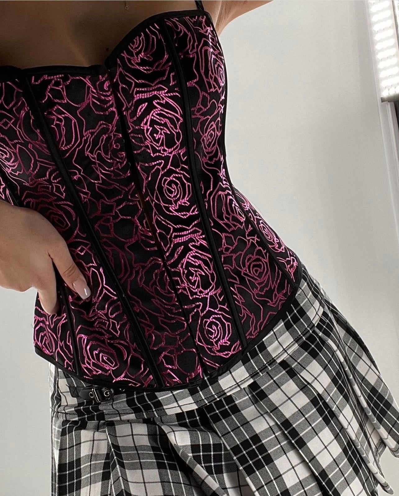 Vintage Black Satin Corset with Fuchsia Roses (Medium/Large)