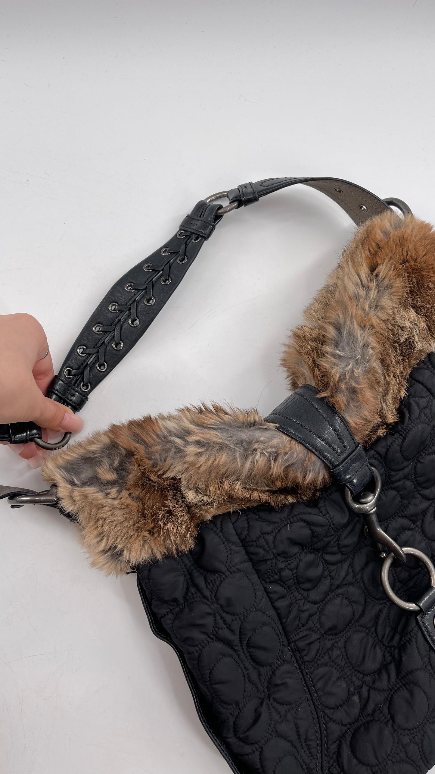 Coach Vintage Fur Trim Bag with Quilted Logo Pattern