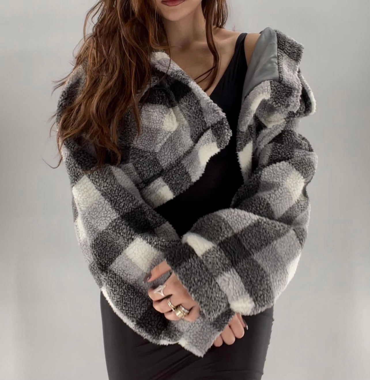 E.SSUE Cropped Sherpa Gray White Plaid Jacket (Size S)