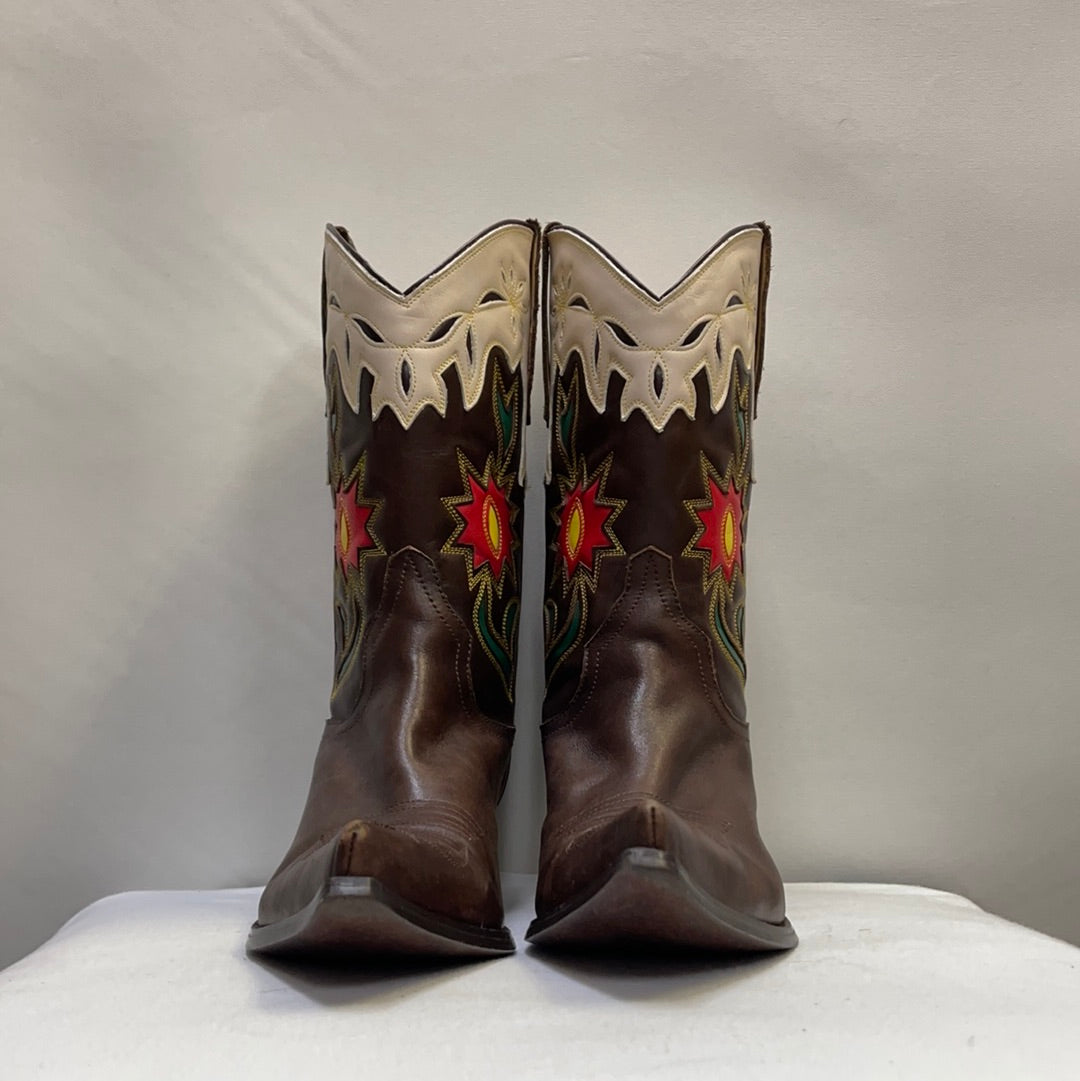 Vintage Brown Leather Cowgirl Boots Beige Trim with Red Flowers