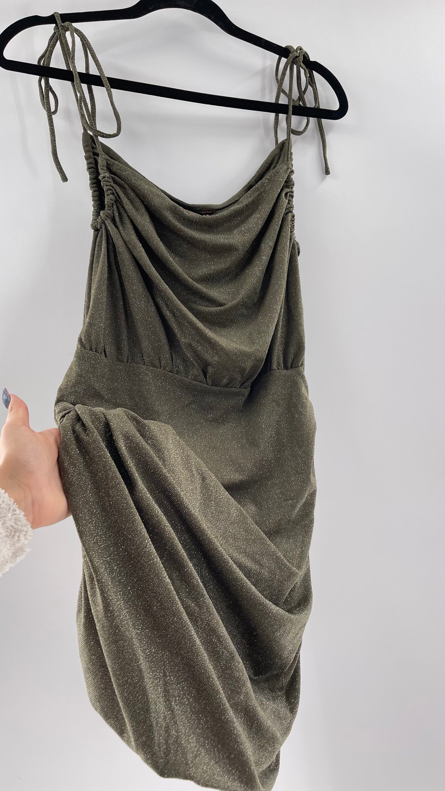 Free People Army Green Glitter Ruche Dress (XL)