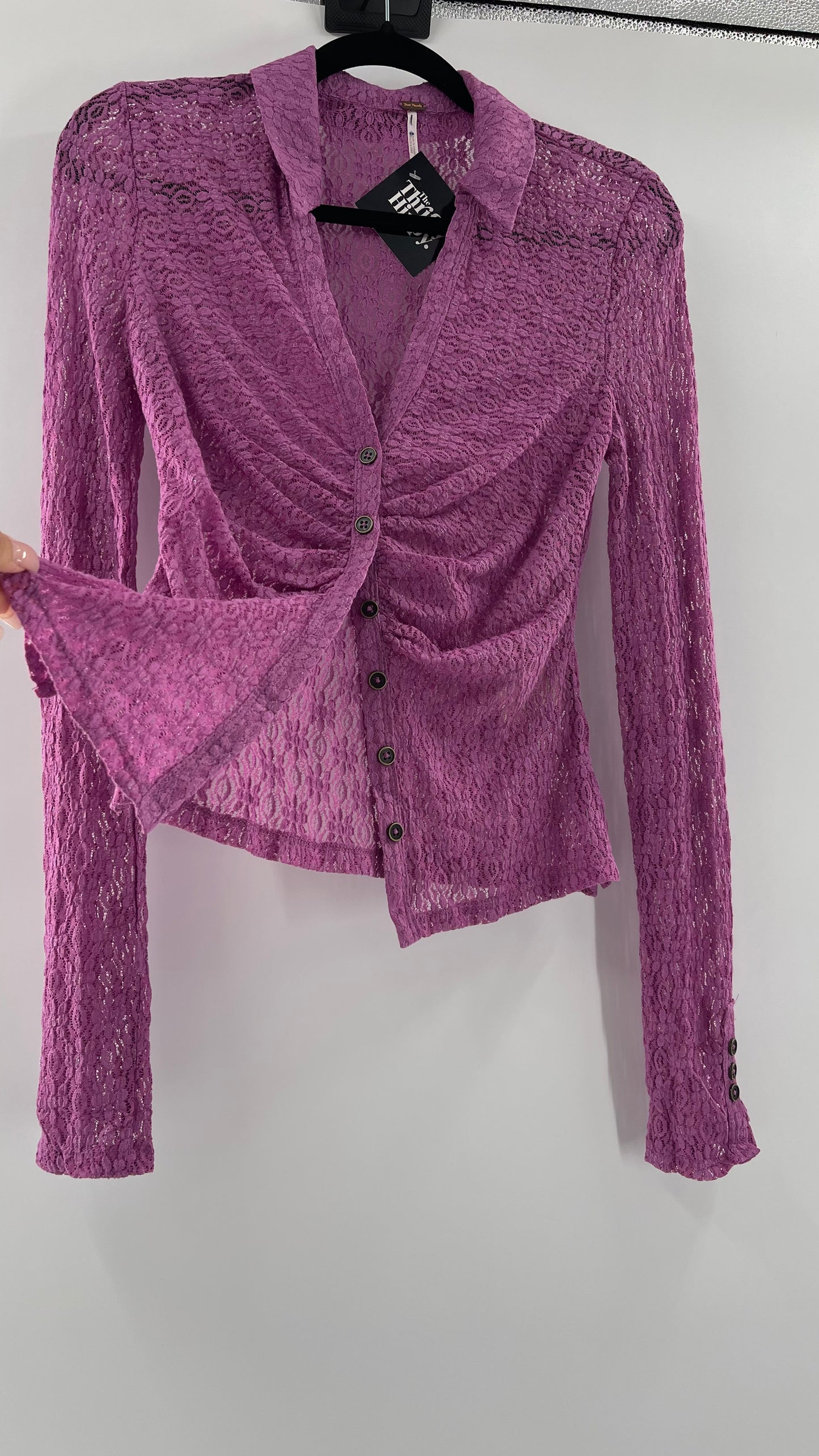 Free People Flower Fields Lavender Lace Collared Button Up (Small)
