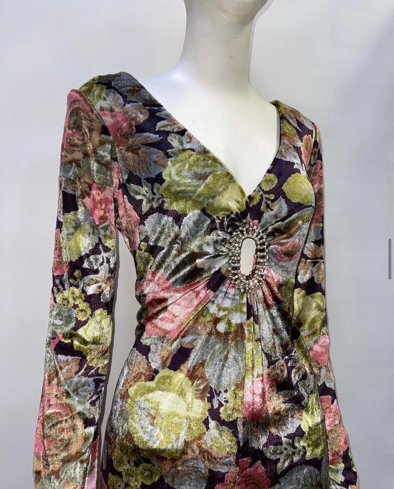 Workers Union (Vintage) Handmade Flowered Velour With Rhinestone Broche Maxi Dress (Sized M)