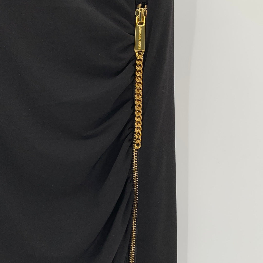 Michael Kors Black Ruched With Gold Size Zipper Asymmetrical Hem Maxi Dress(Size XL)