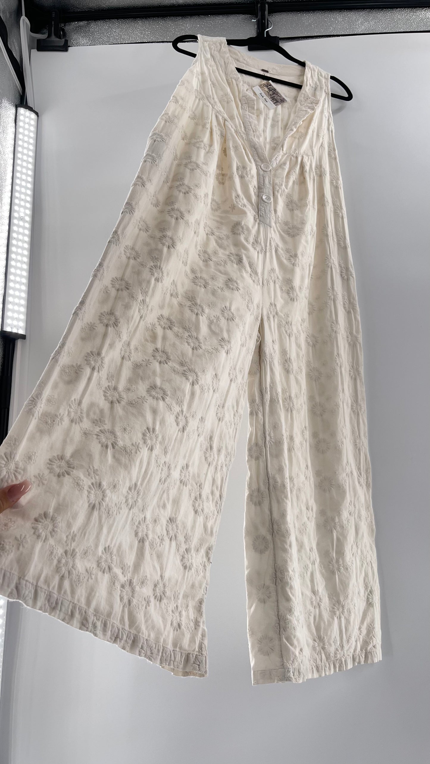 Free People White Sleeveless Embroidered Flower Jumpsuit