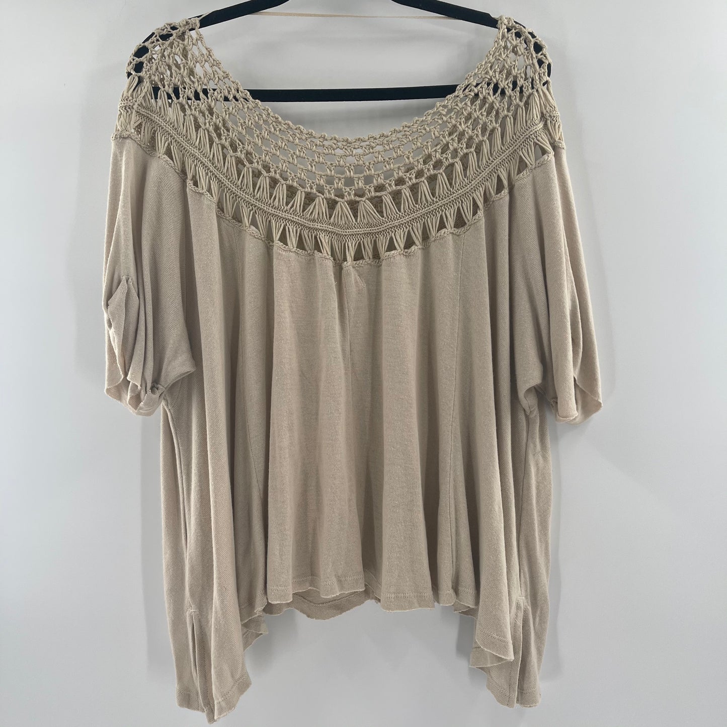 Free People - We The Free - Short Sleeve Light Beige Top with Crochet and Macrame Details on Neckline (Size XL)