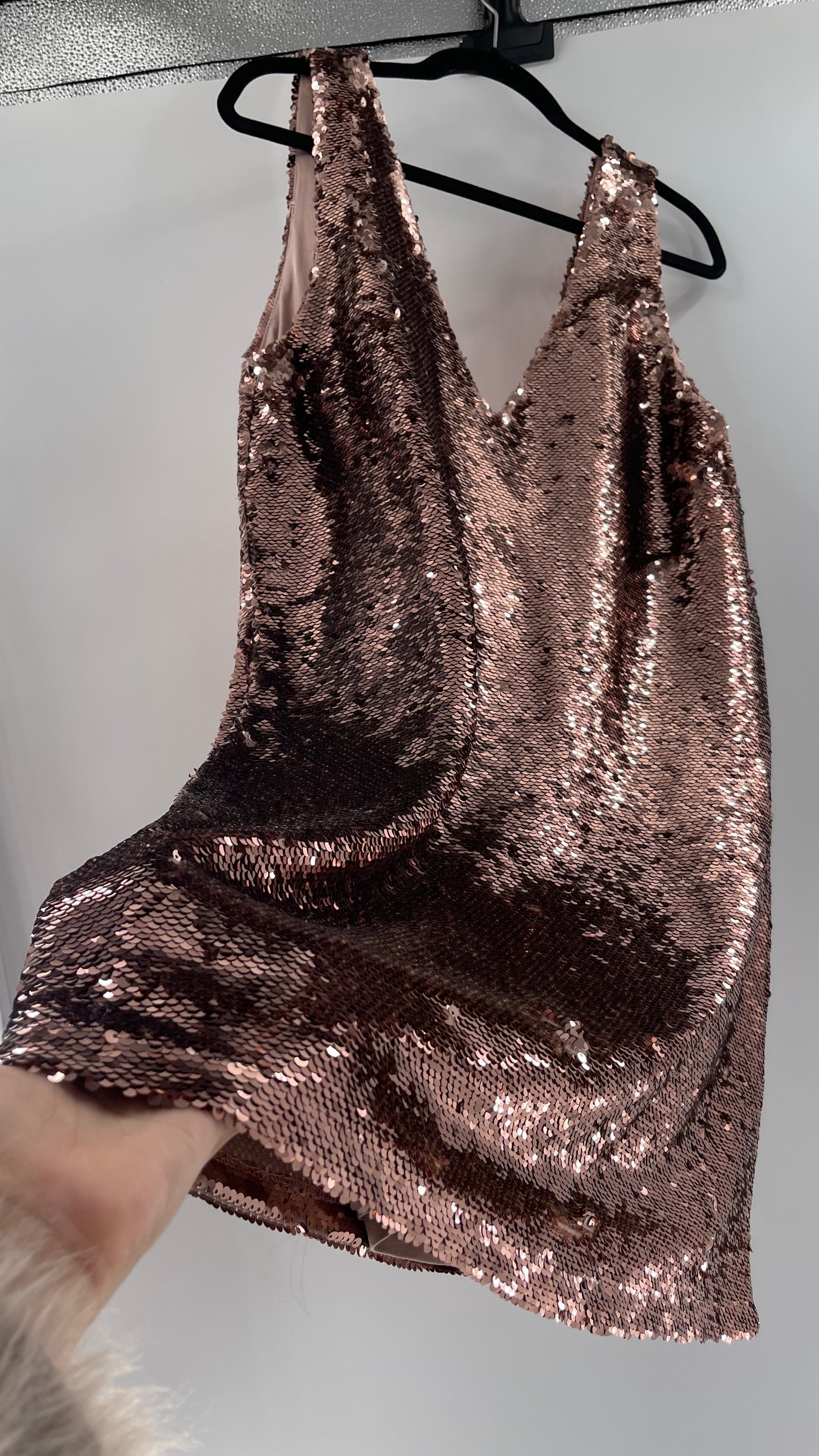 Free People X BB Dakota A Pretty Penny Rose Gold/Copper Sequin Dress (Medium)