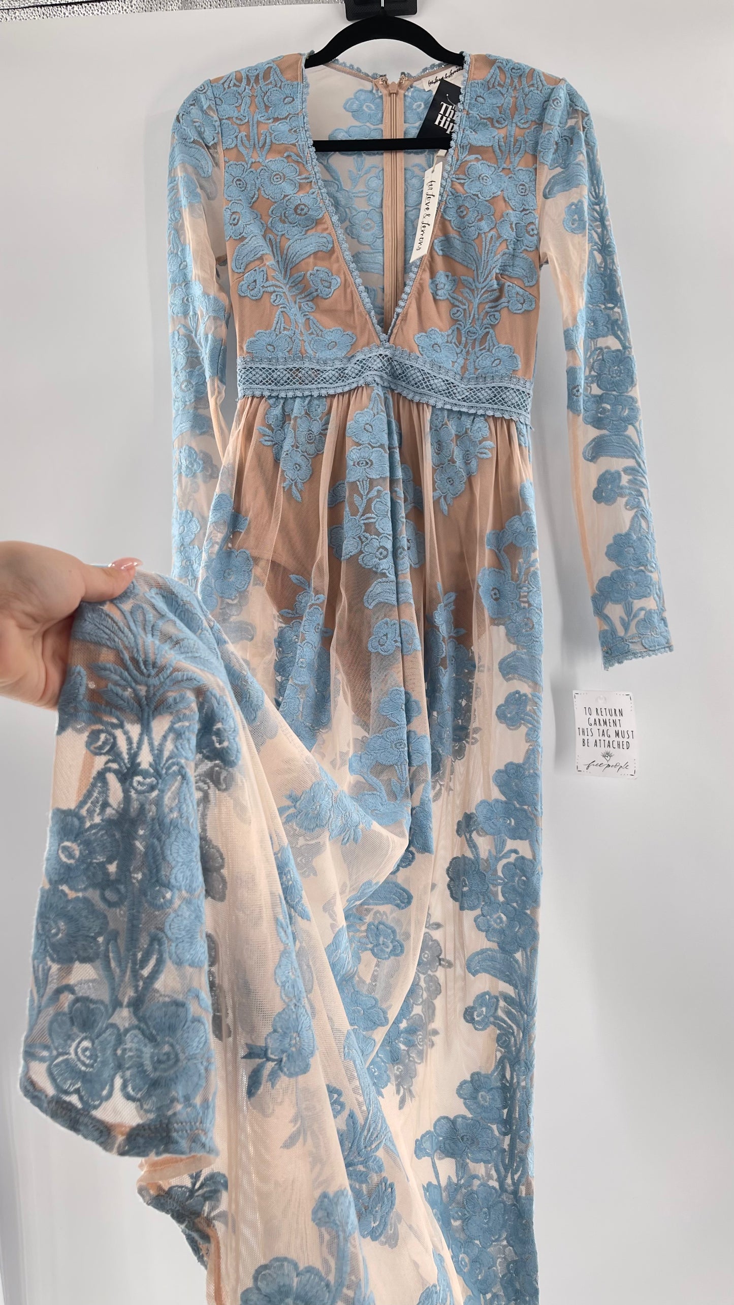 For Love and Lemons Powder Blue Embroidered Temecula Maxi Dress