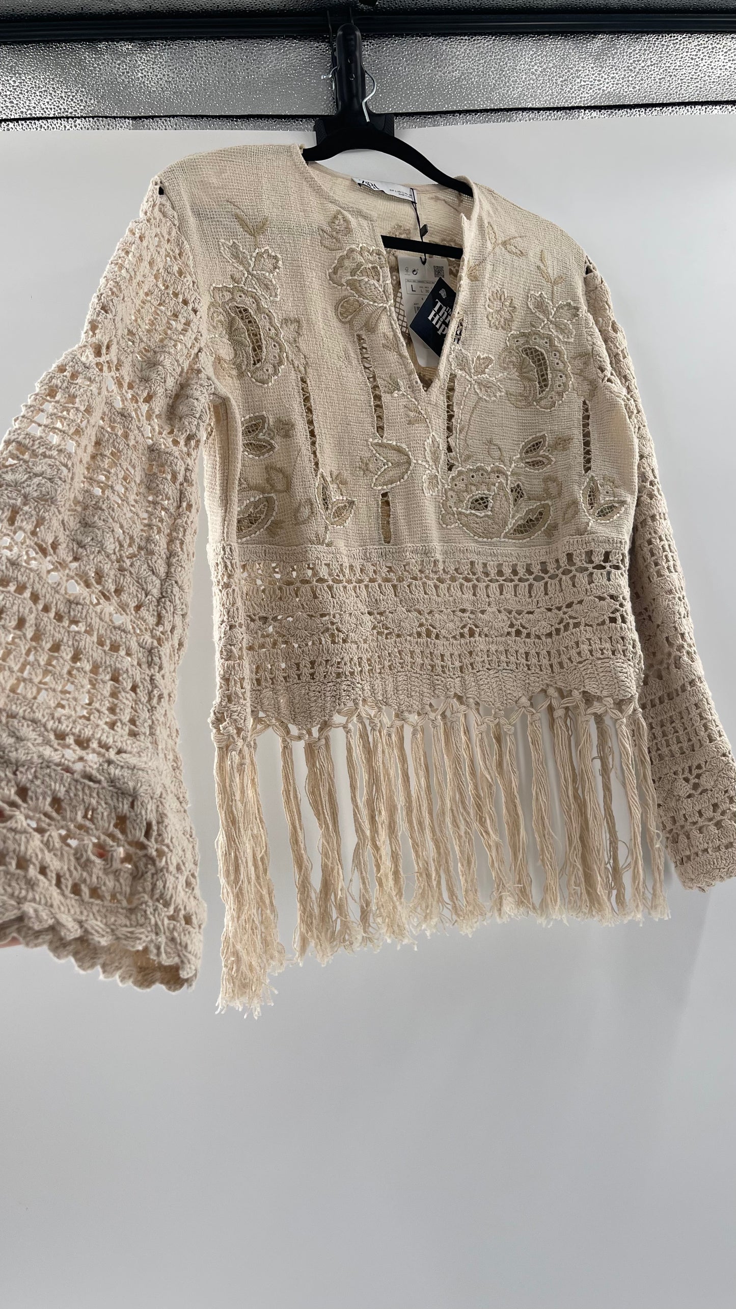 Zara Beige Gauze, Crochet, Embroidered Tunic Blouse (Large)