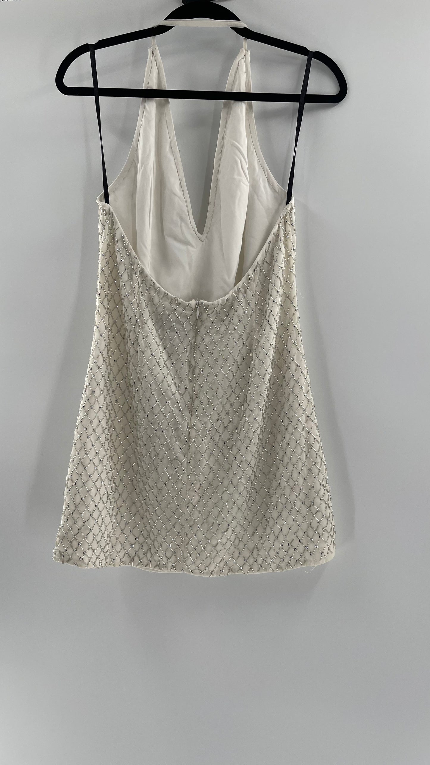 X by NBD White Jack Dress in Ivory Silver Beaded Halter Dress with Tags Attached (Large)