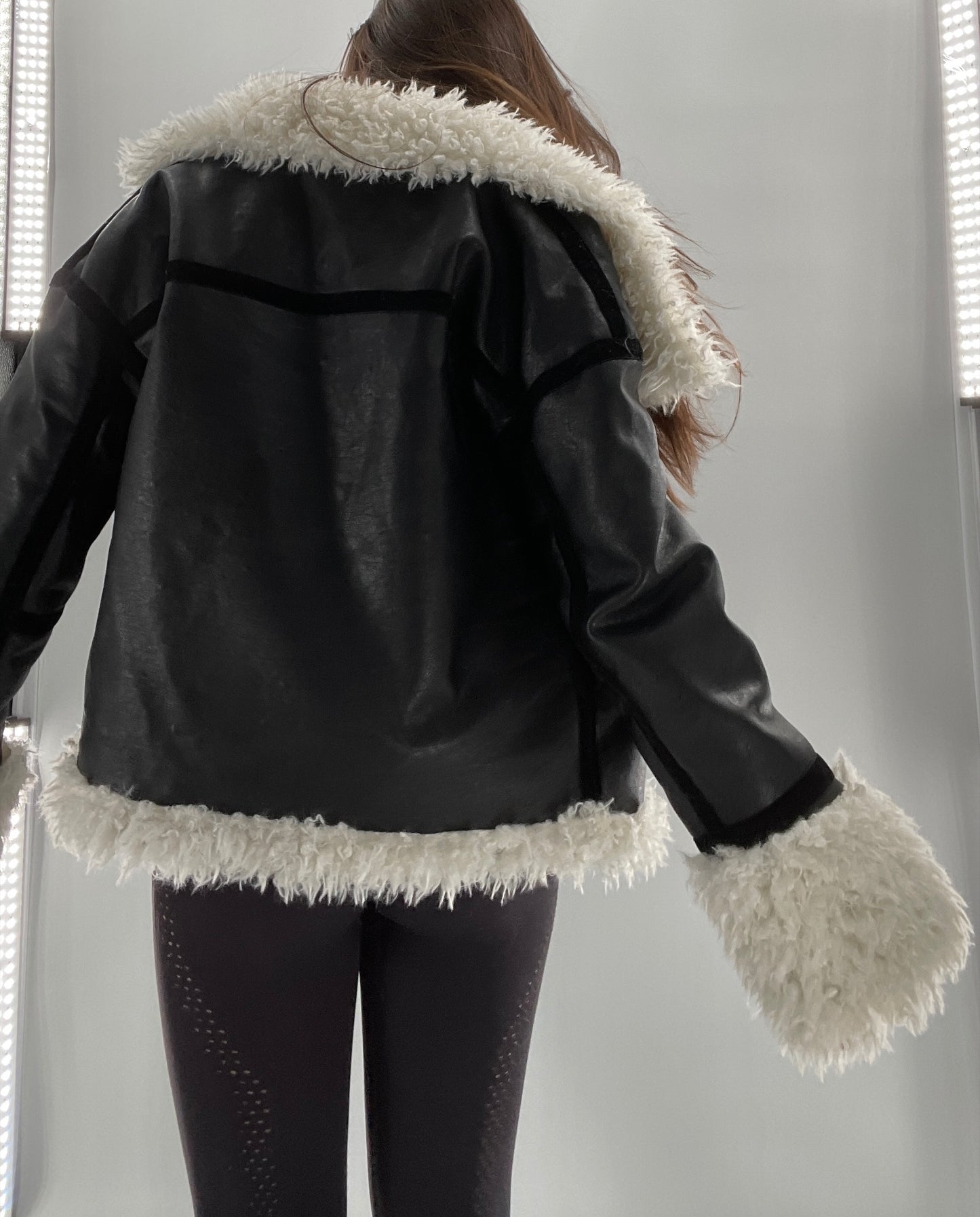 LIONESS Phoenix Jacket Black Faux Leather White Fur Trim (XS)