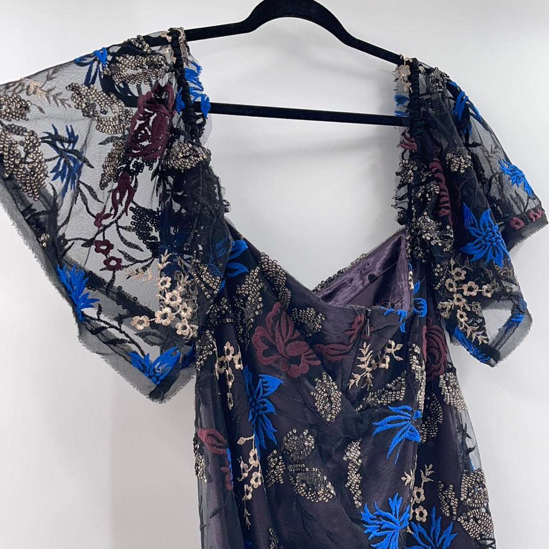 Urban Outfitters - Embroidered Blue / Gold Flower Pattern Mini Dress (Size Medium)