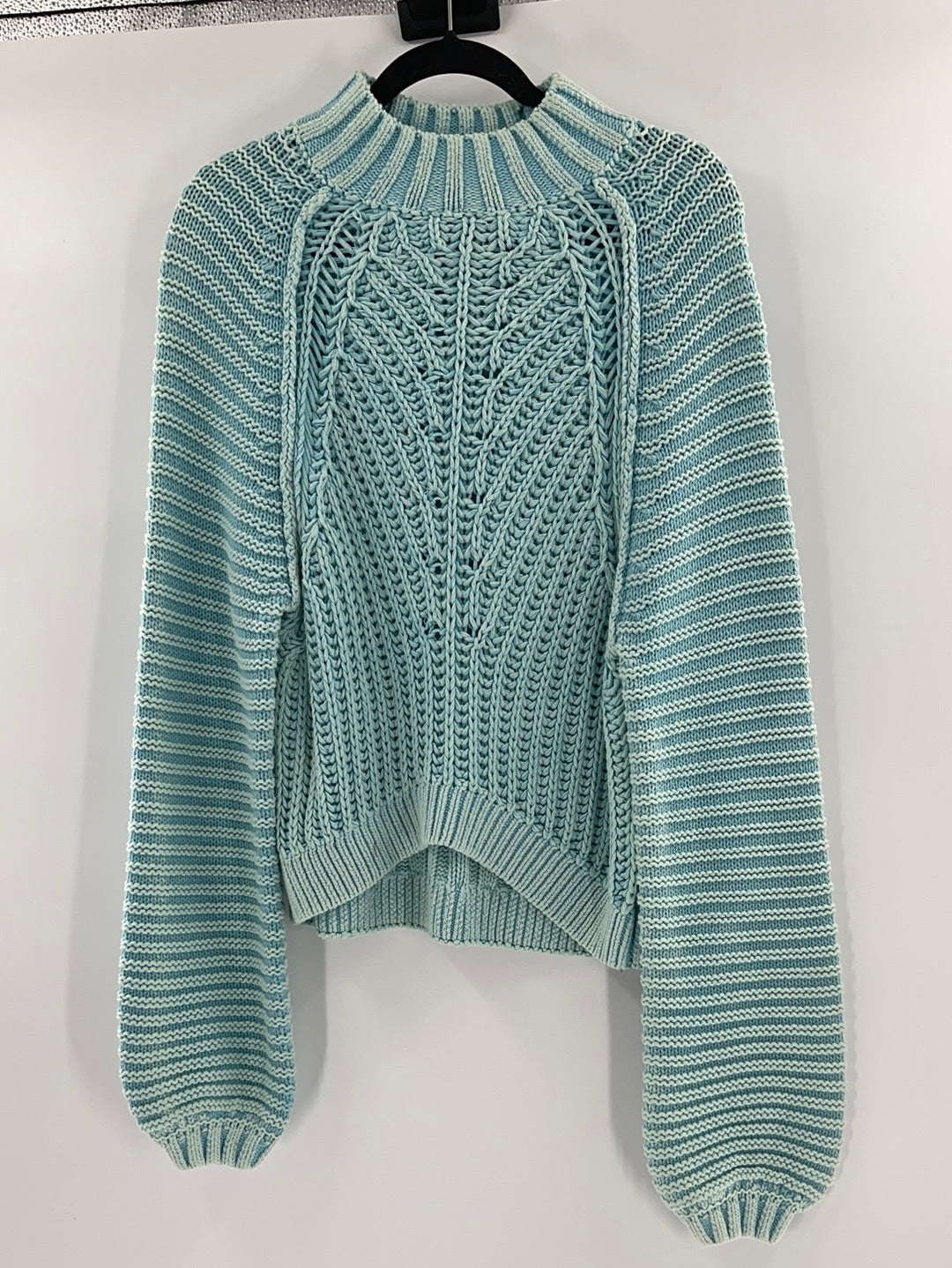 Free People Sweetheart Sweater Chunky Rib Knit Mock Neck Pullover Light Blue (Size Small)