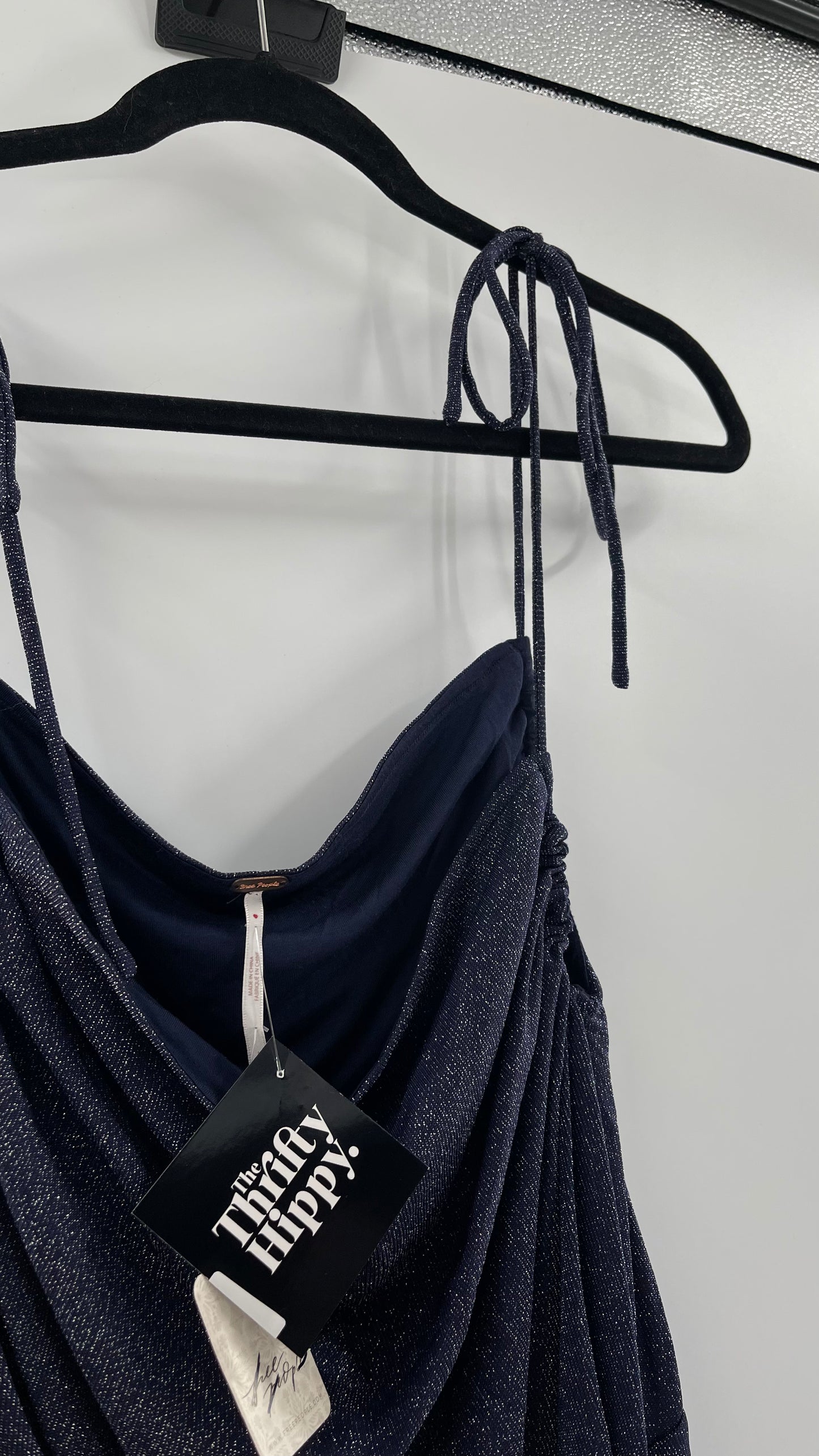 Free People Navy Glitter Ruche Dress (Large)