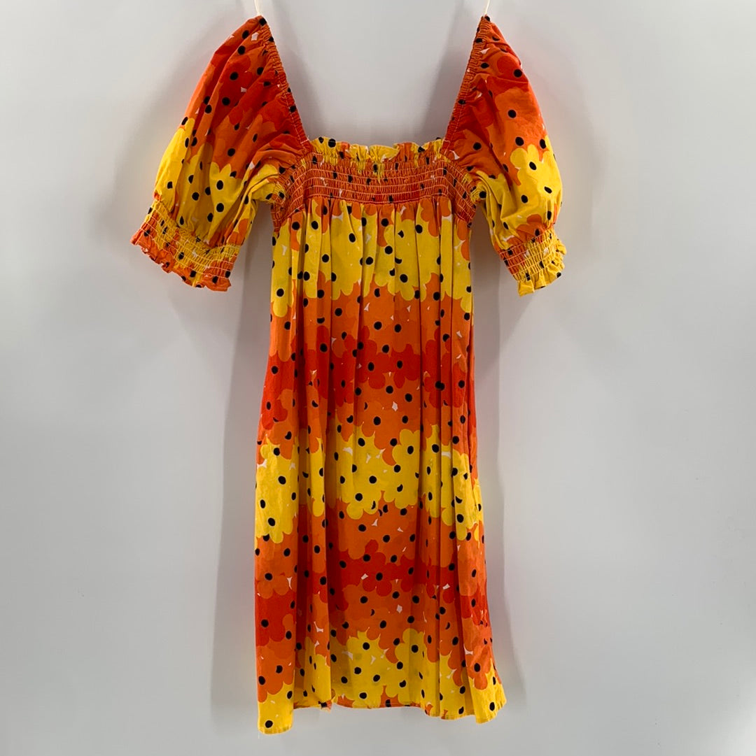 Urban Outfitters Flowered Yellow And Orange Print With Black Polka Dots Bubble Sleeves (Size XS)