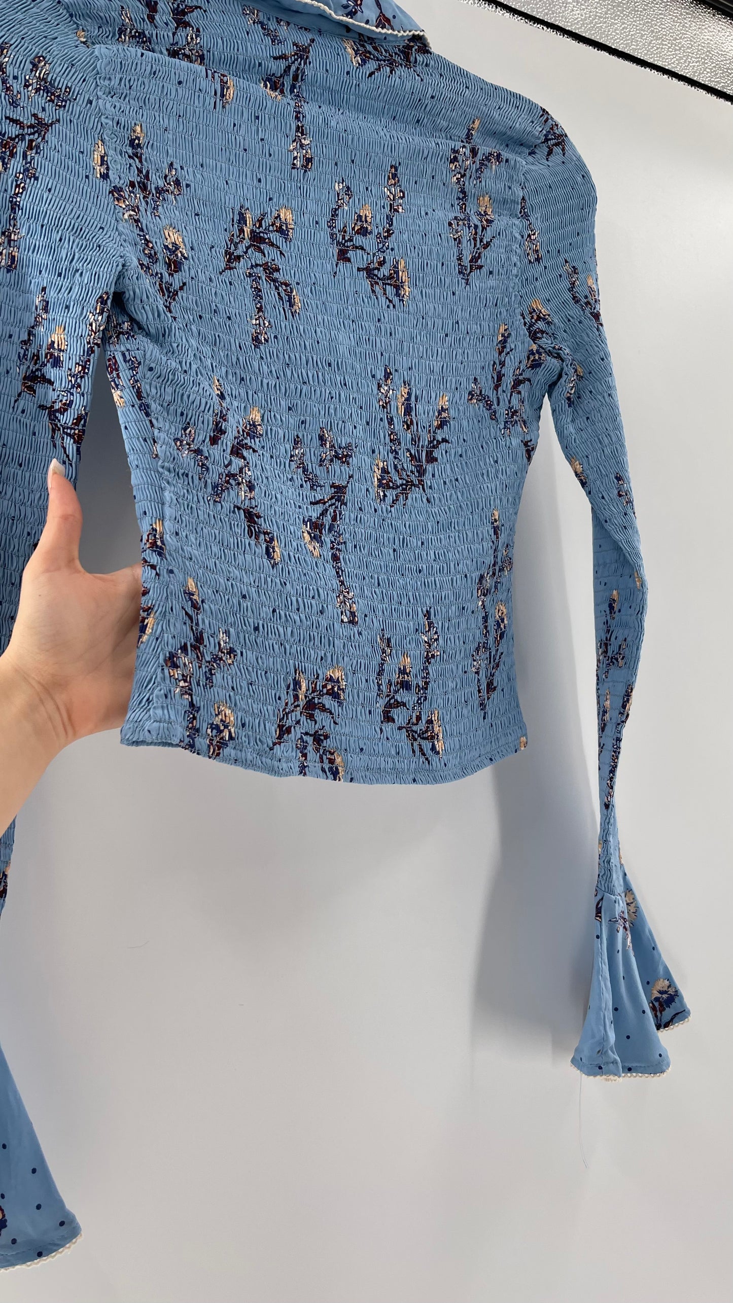 Free People Powder Blue Smocked, Collared, Bell Sleeved, Button Up (XS)