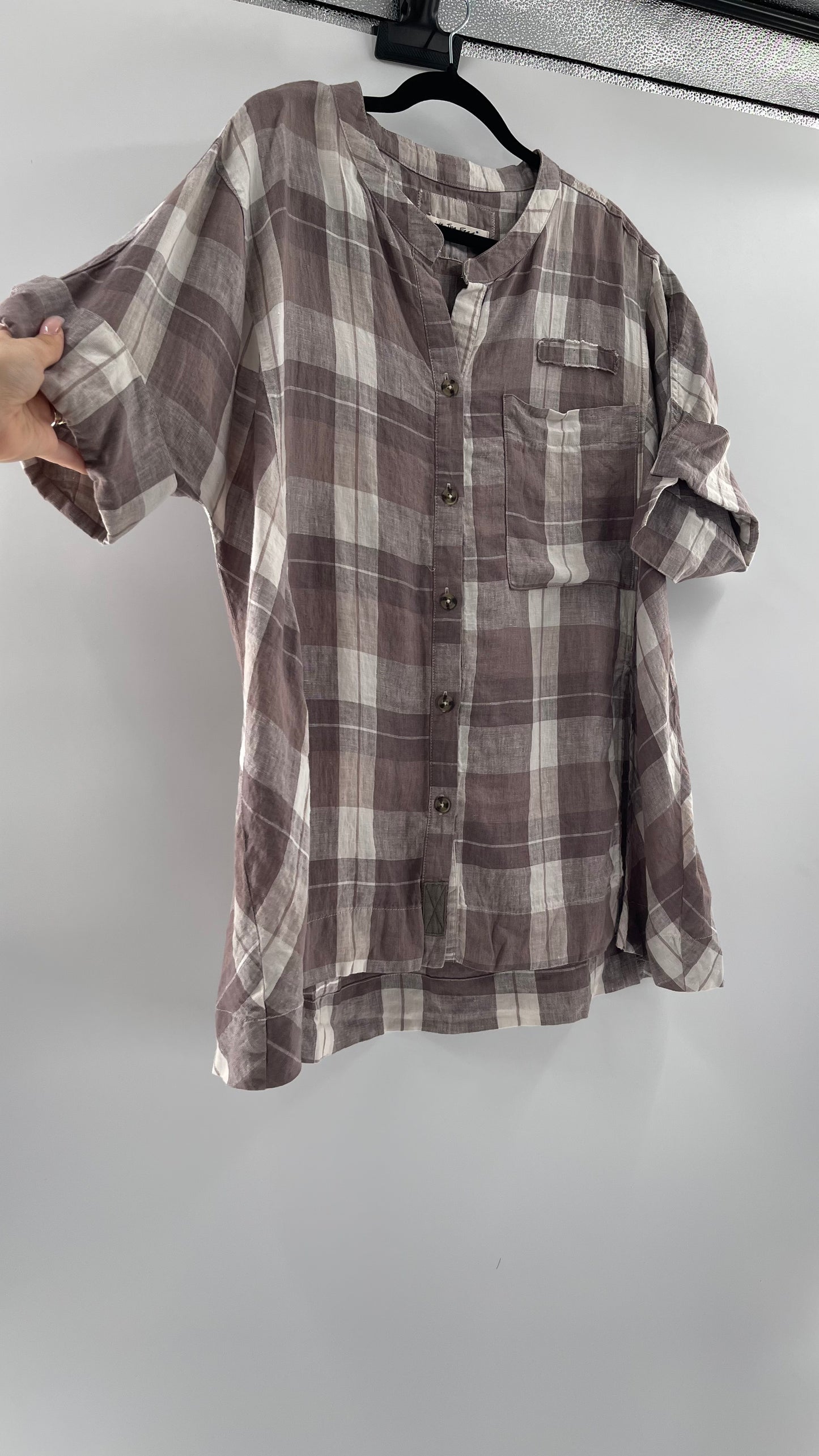 Free People 100% Linen Plaid Grey Short Sleeve (Small)