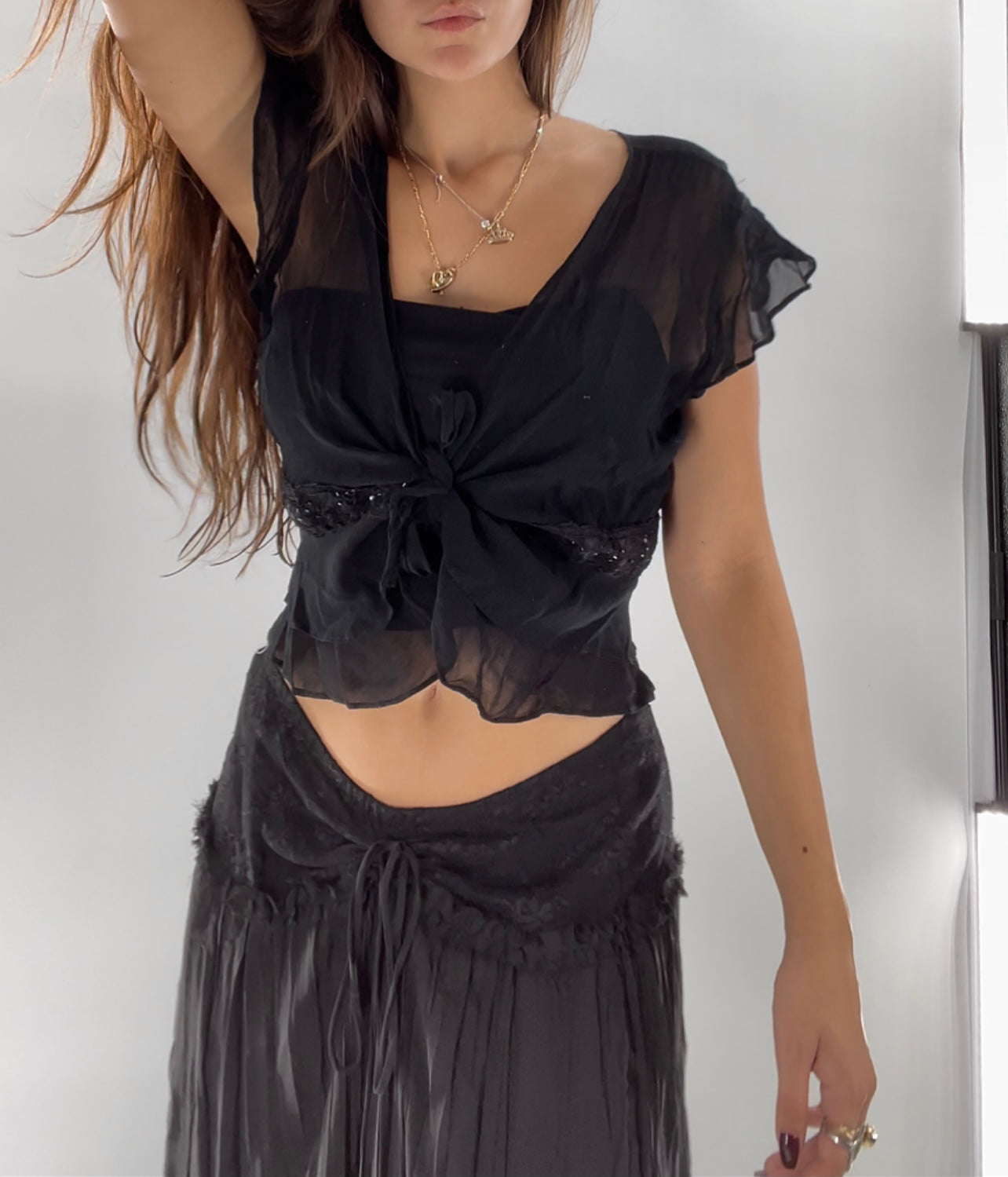 Lola P Tie Front Top with Ruffle Sleeve + Hem (Large)