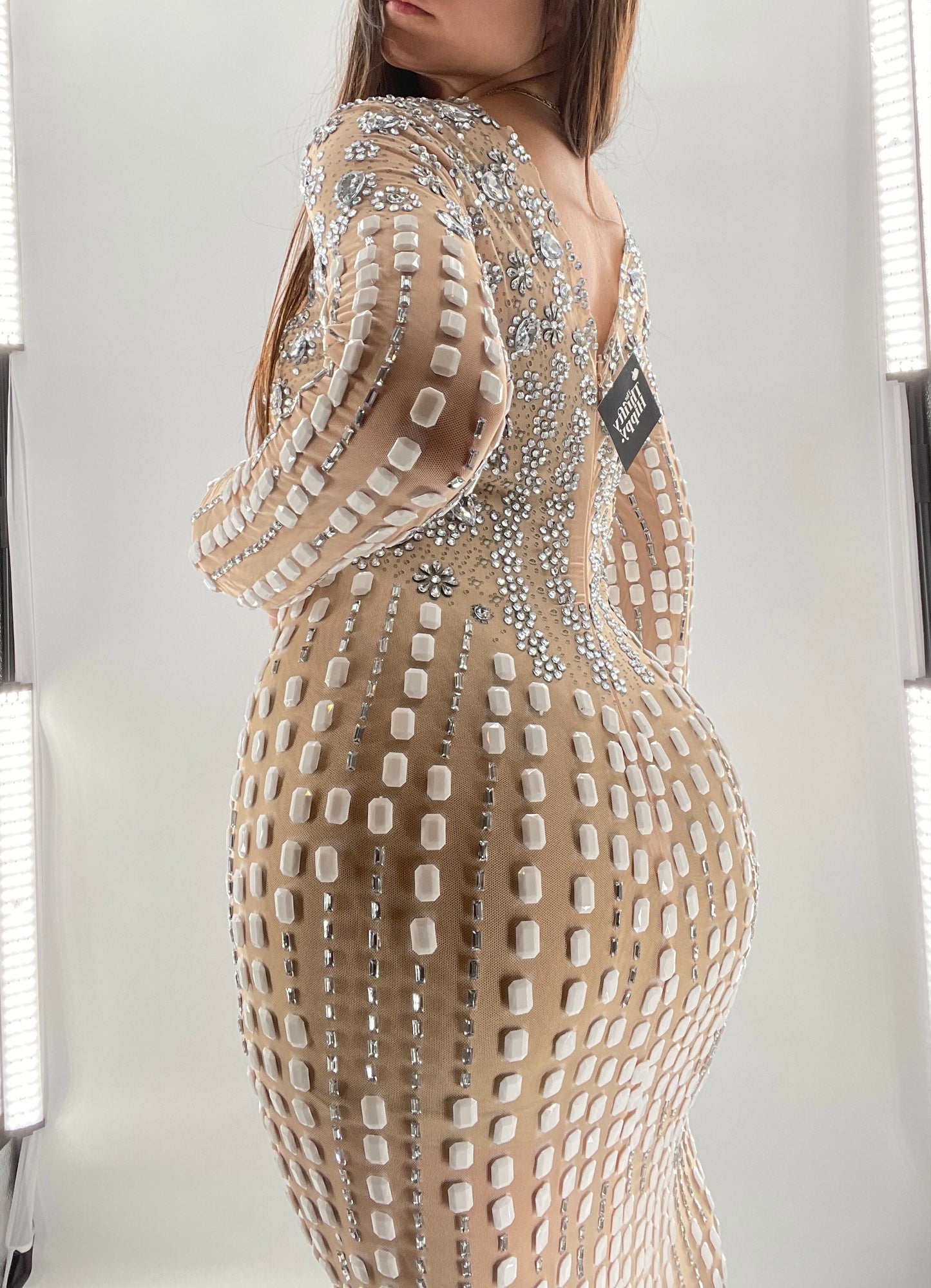 Modified Floor Length Gown Nude Underlay with Crystals and White Jewels (Medium)