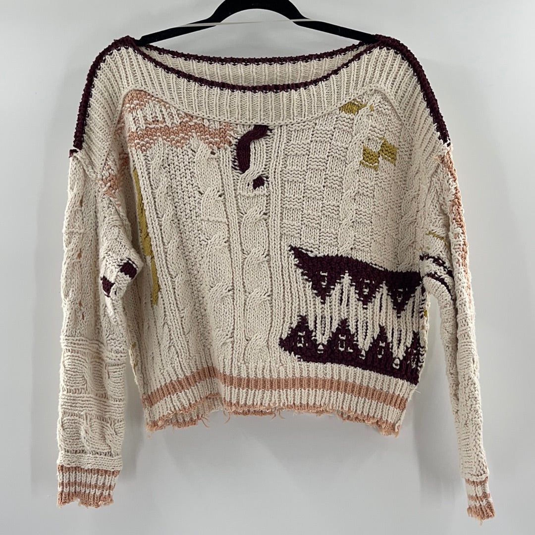 Free People Distressed Cropped Sweaters Cream With Burgandy Mustard and Pink Details (Size XS)
