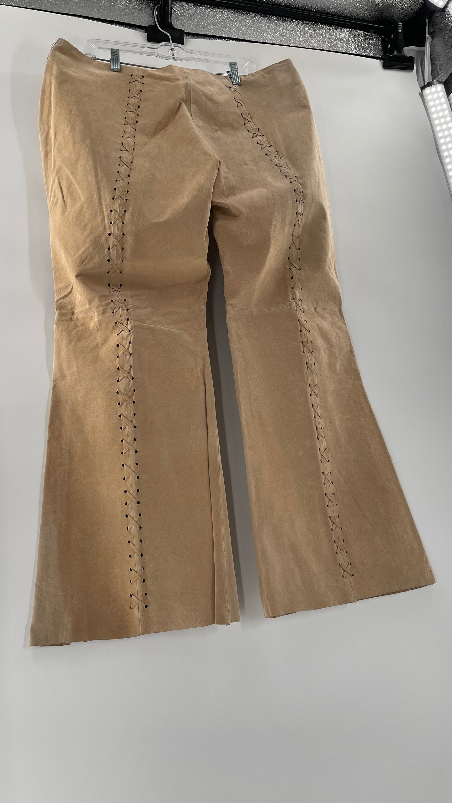 Vintage HYPOACTIVE Tan Leather Lace Up Plus Size Flare Pants (22W)
