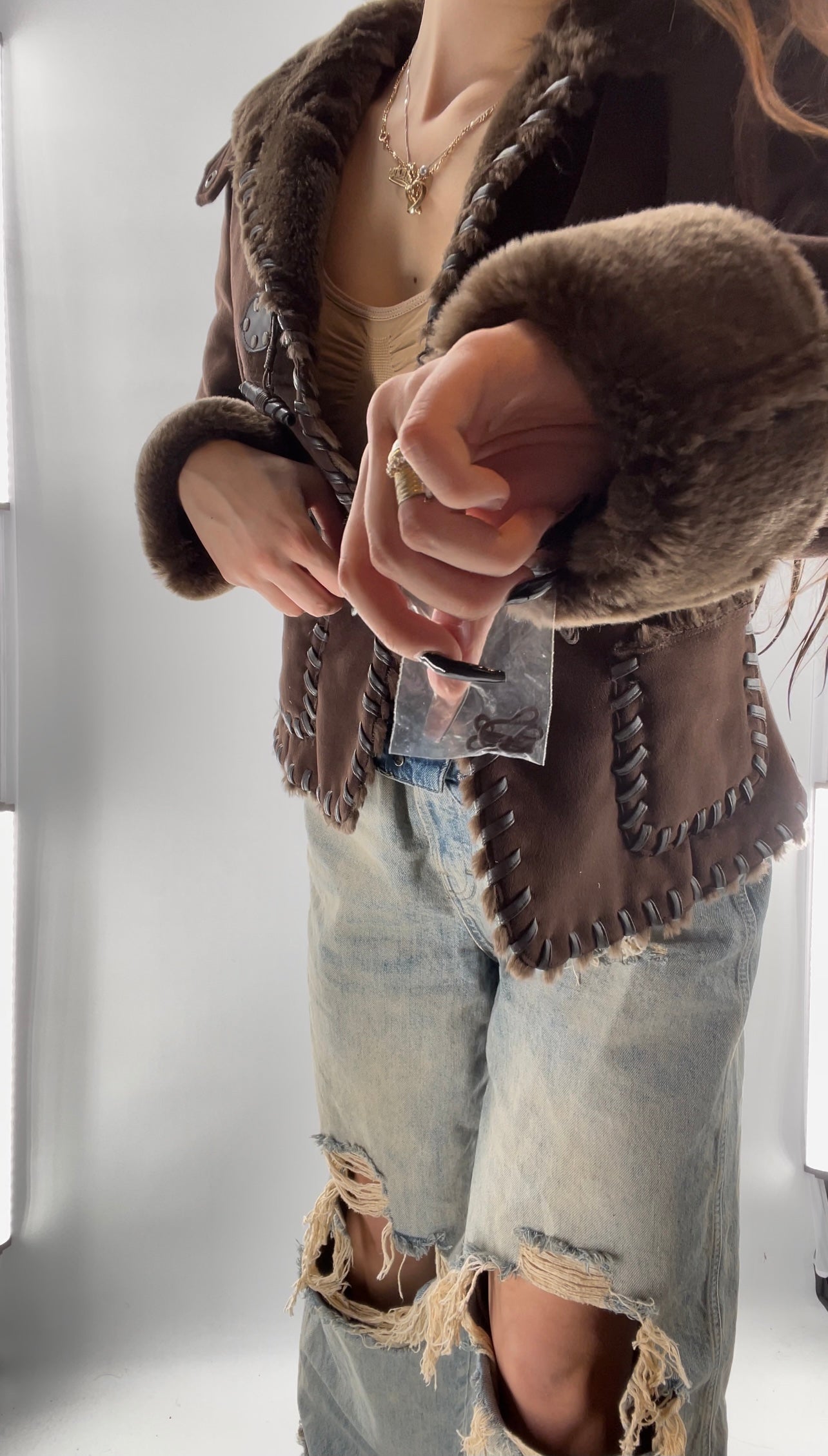 Via Spiga Vintage Faux Suede and Fur Trim Jacket (Small)