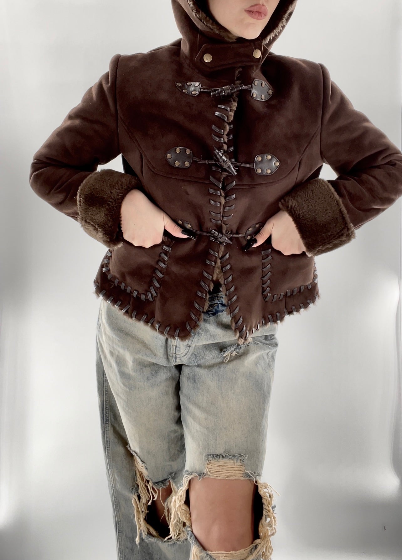Via Spiga Vintage Faux Suede and Fur Trim Jacket (Small)