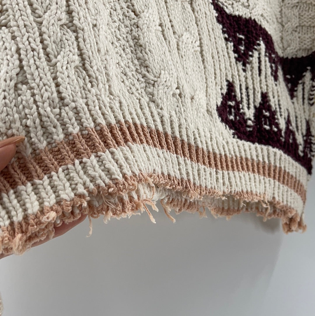 Free People Distressed Cropped Sweaters Cream With Burgandy Mustard and Pink Details (Size XS)