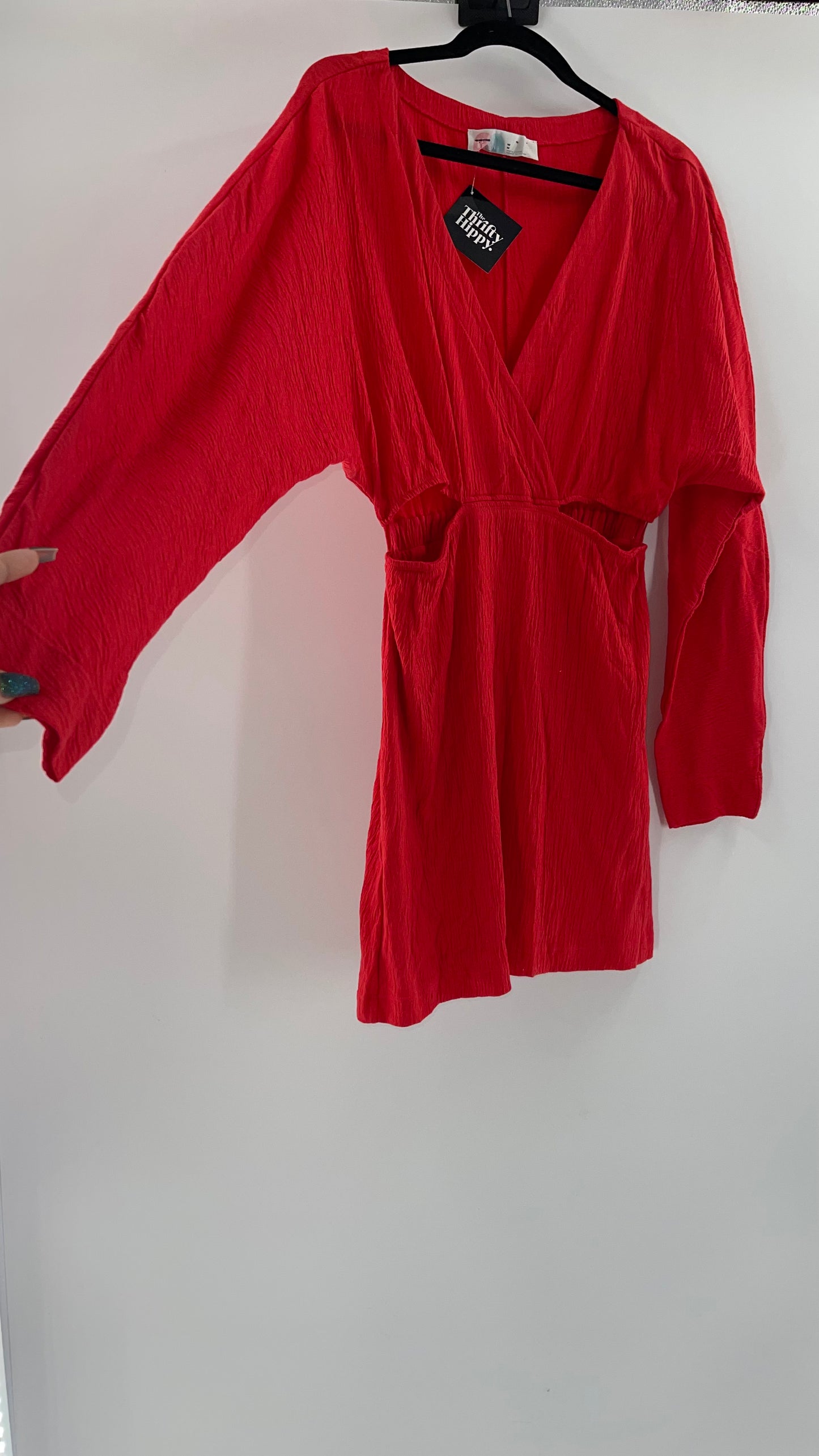Free People Red Long Sleeve Mini Dress with Cut Outs (Medium)