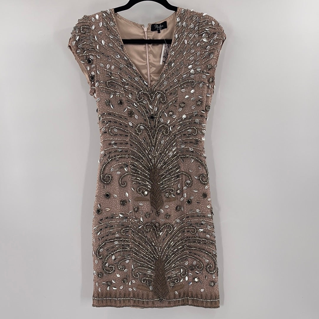 Parker Black Beige Beaded Midi Dress (Size 2)