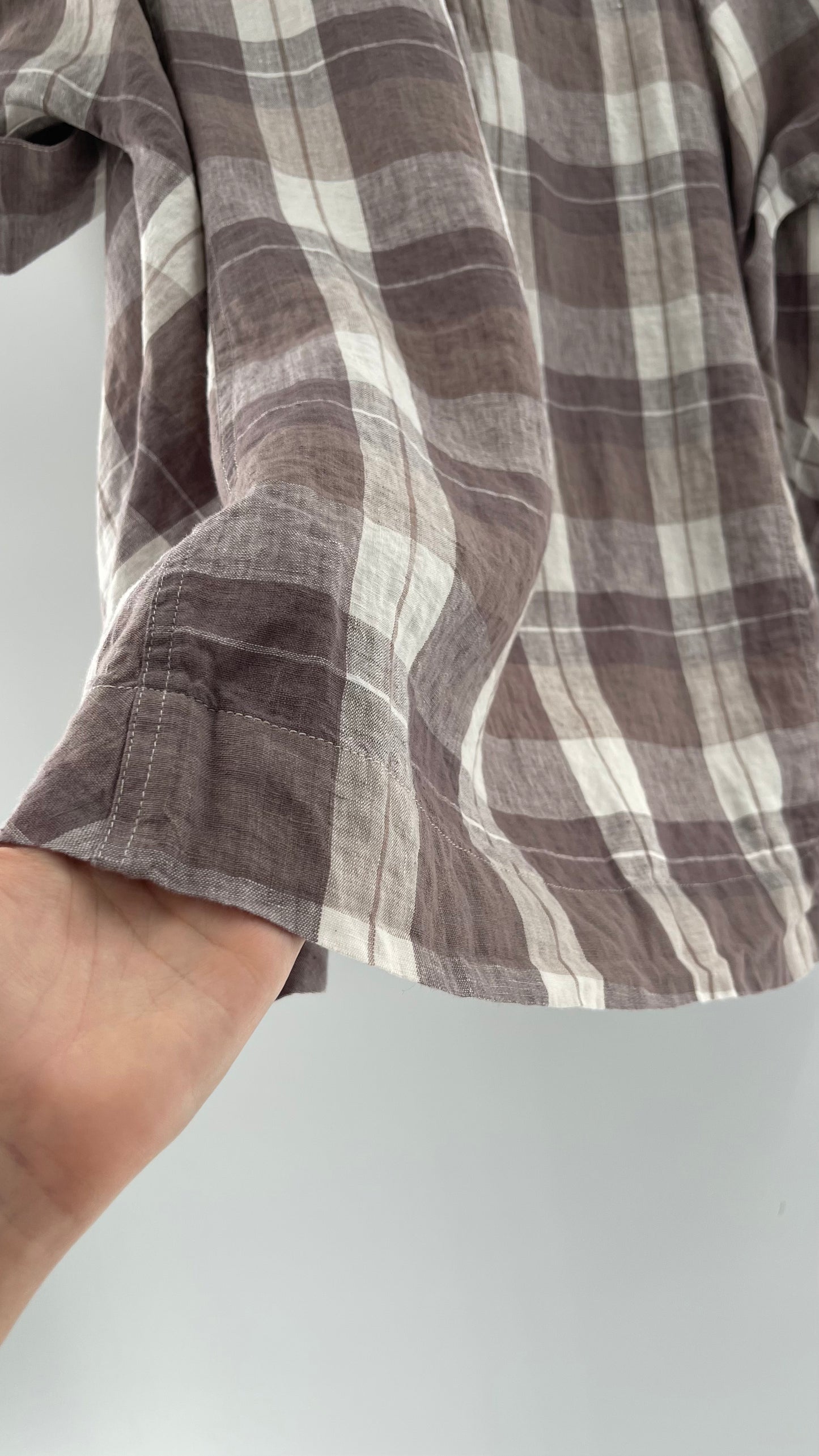Free People 100% Linen Plaid Grey Short Sleeve (Small)