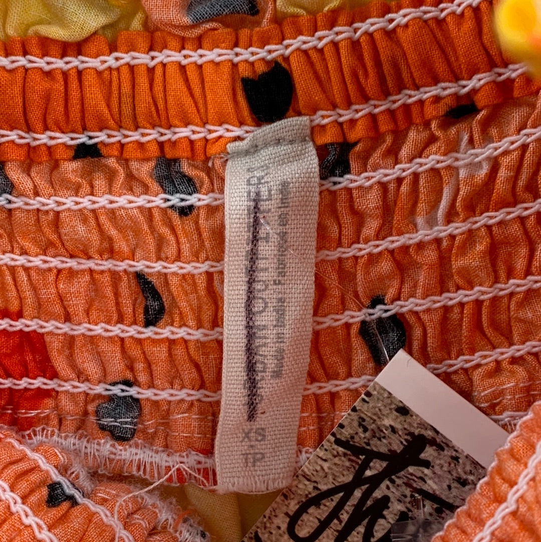 Urban Outfitters Flowered Yellow And Orange Print With Black Polka Dots Bubble Sleeves (Size XS)