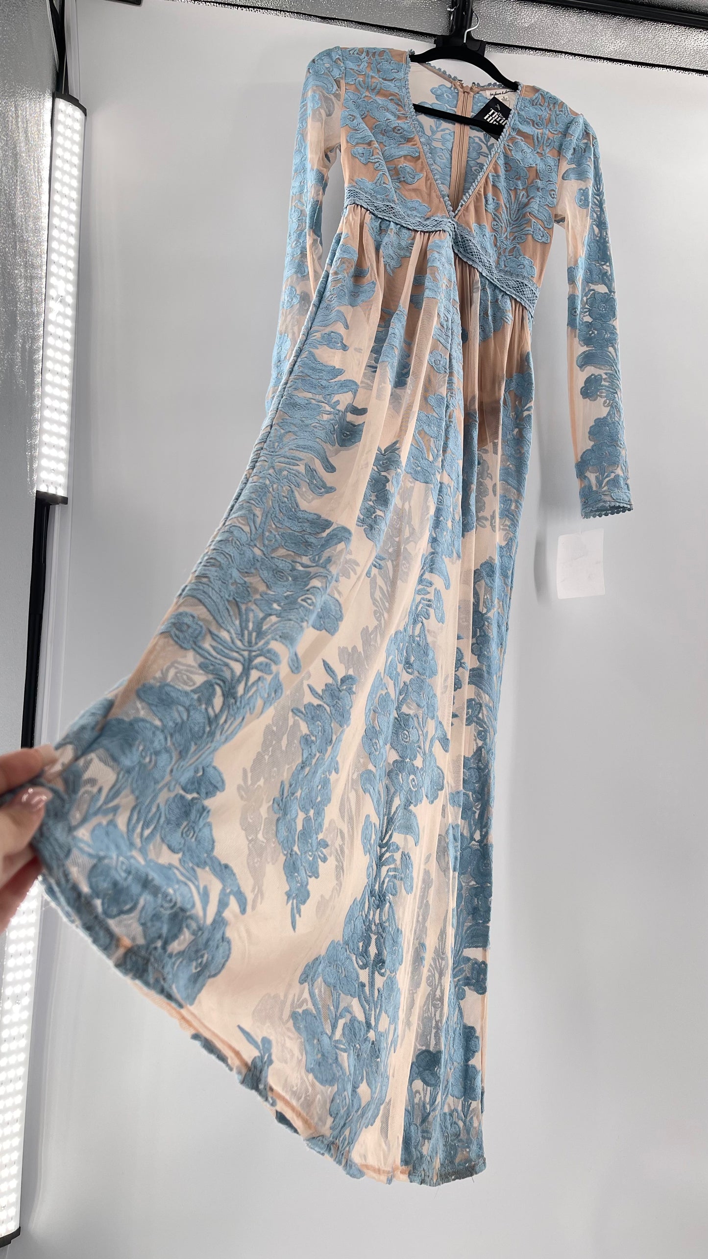 For Love and Lemons Powder Blue Embroidered Temecula Maxi Dress