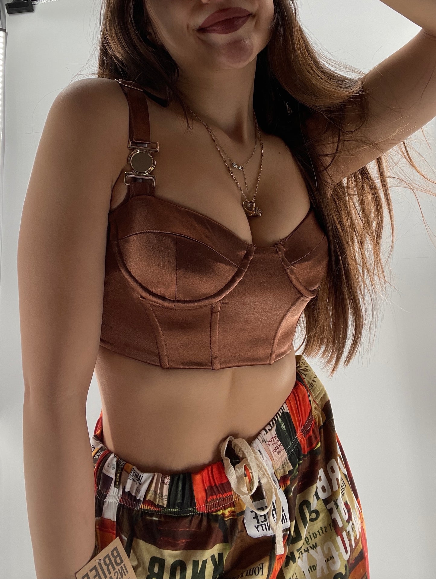 Princess Polly Brown Cropped Corset with Gold Medallion (2)