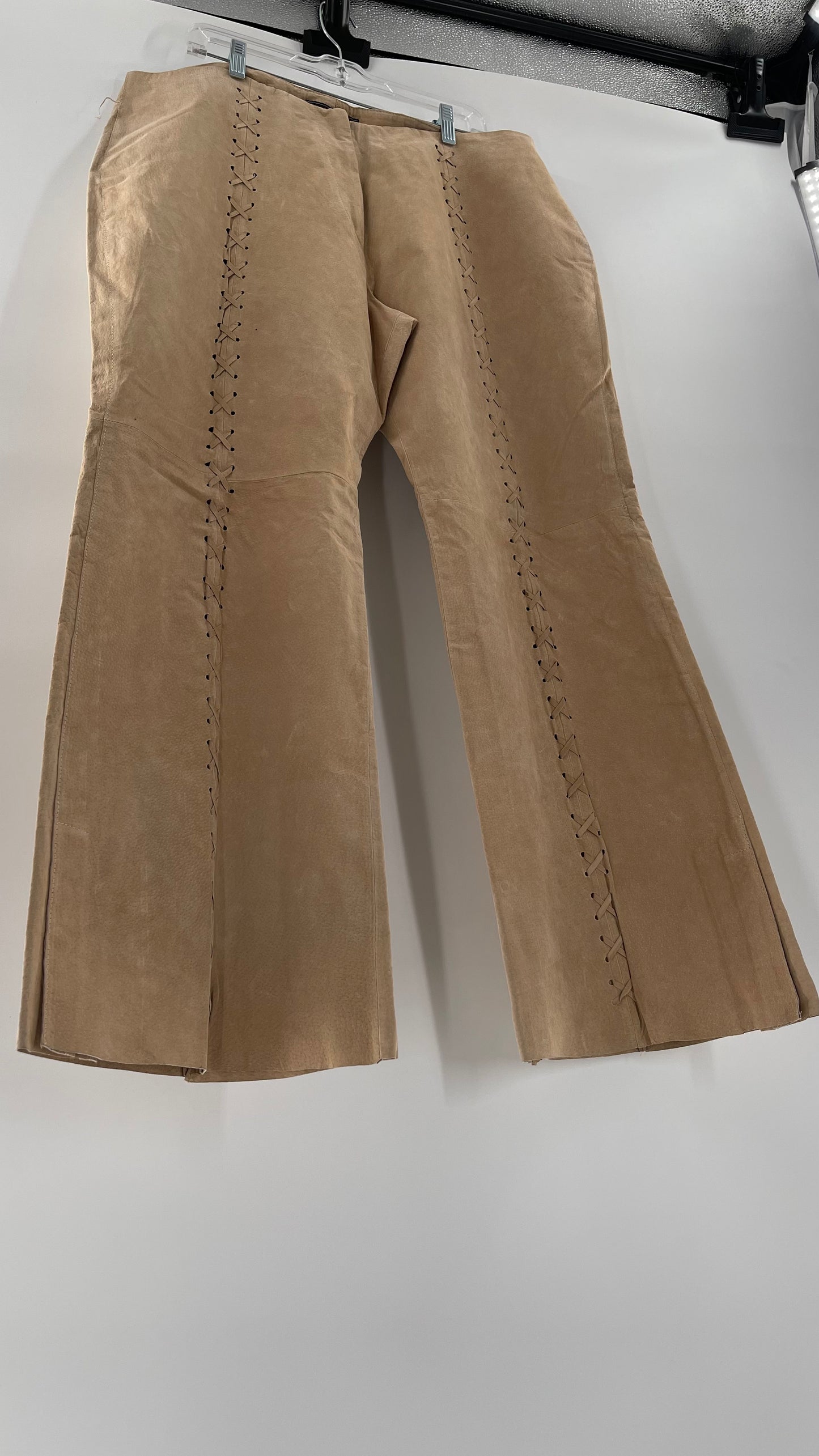 Vintage HYPOACTIVE Tan Leather Lace Up Plus Size Flare Pants (22W)